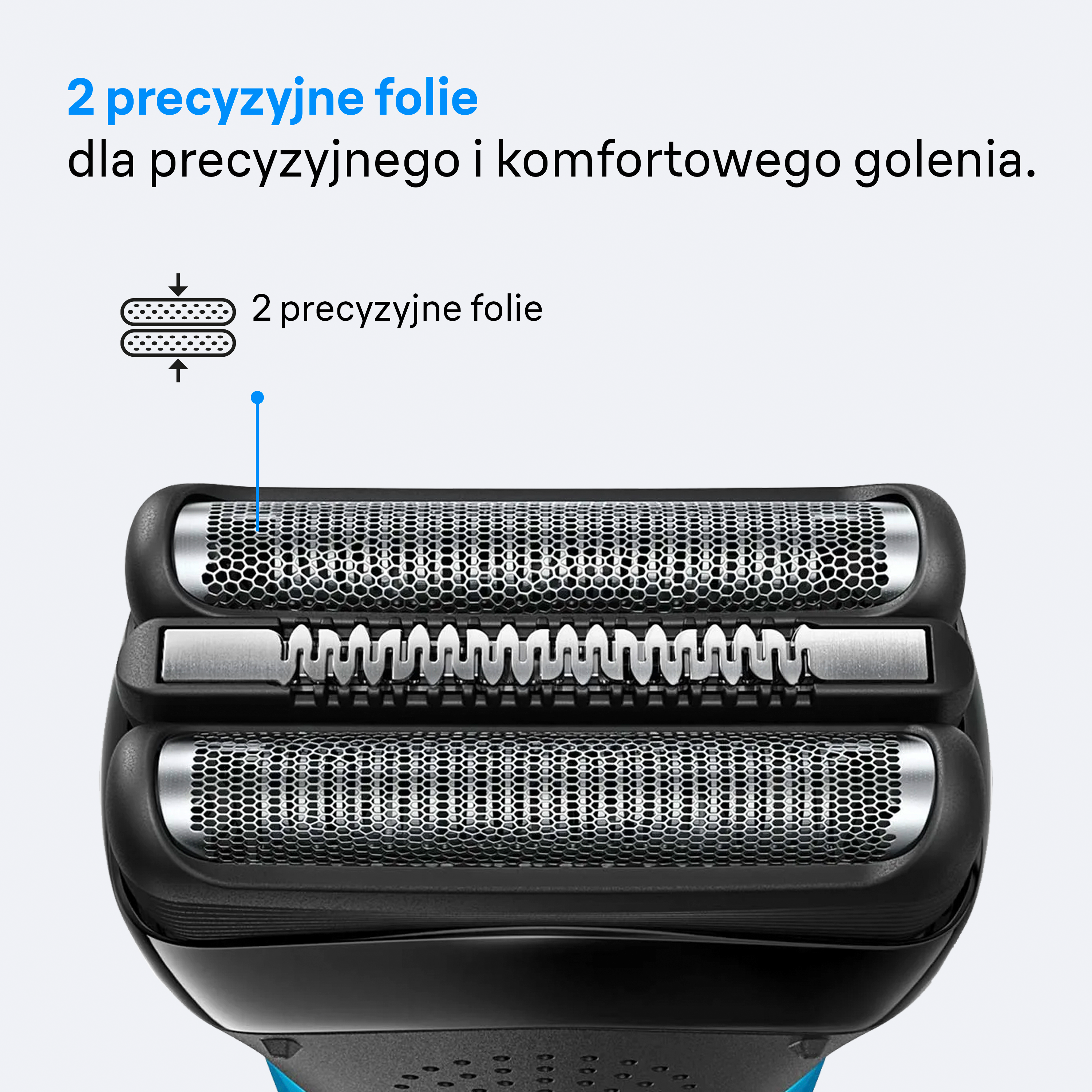Zbliżenie głowicy golarki z dwiema foliami precyzyjnymi. Tekst wskazuje na precyzyjne i komfortowe golenie.