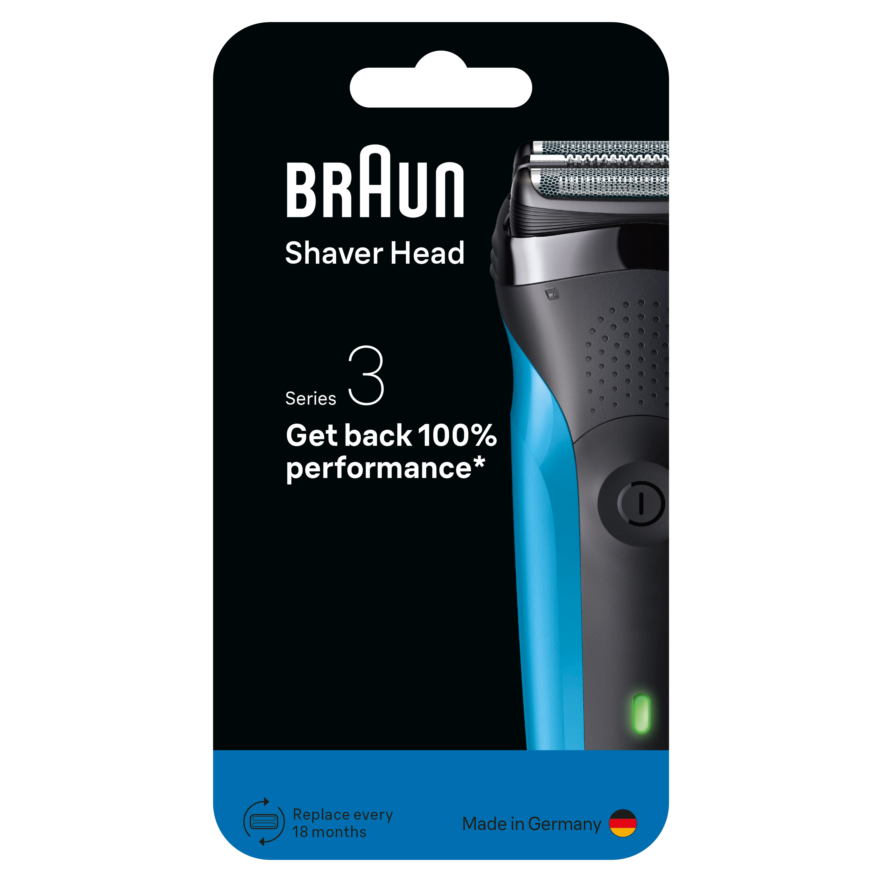 Opakowanie głowicy golarki Braun. Po prawej stronie znajduje się golarka. Dominują kolory niebieski i czarny.