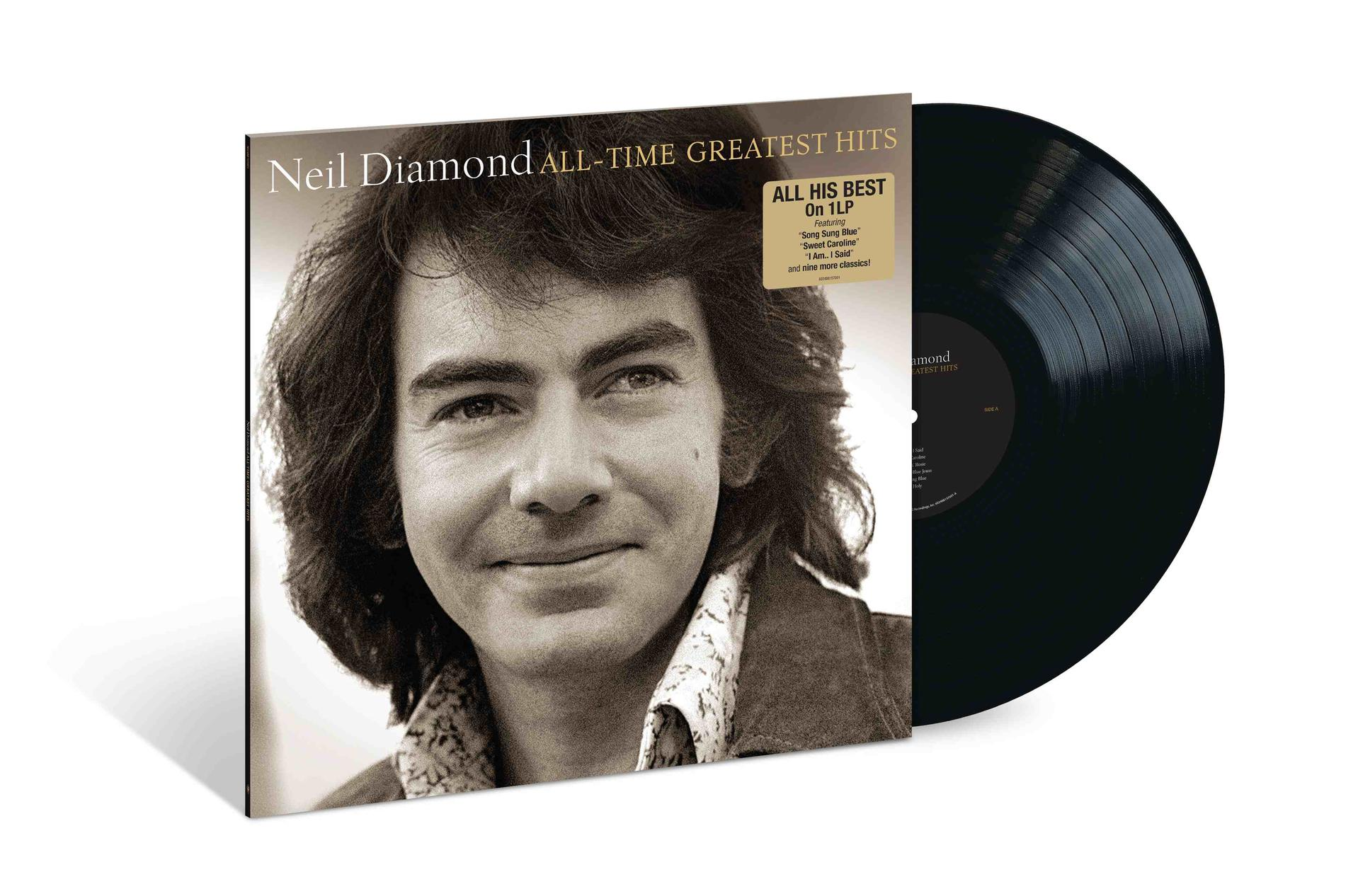 Albumcover von Neil Diamonds 'All-Time Greatest Hits' mit einem Porträt des Sängers und einer Schallplatte.