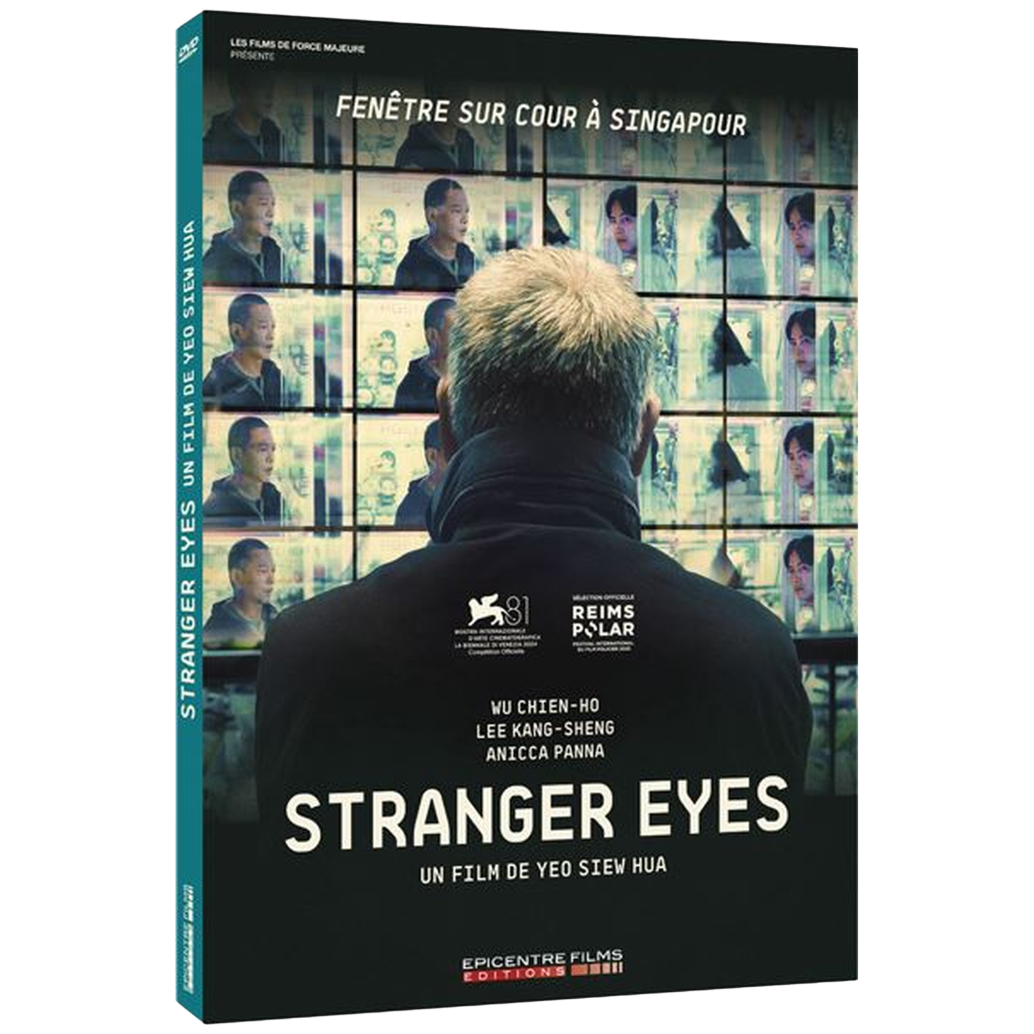 Couverture DVD de "Stranger Eyes". Le dos d'un homme fait face à un écran de visages. Titre en bas, titre du film en haut. Texte en plusieurs langues.