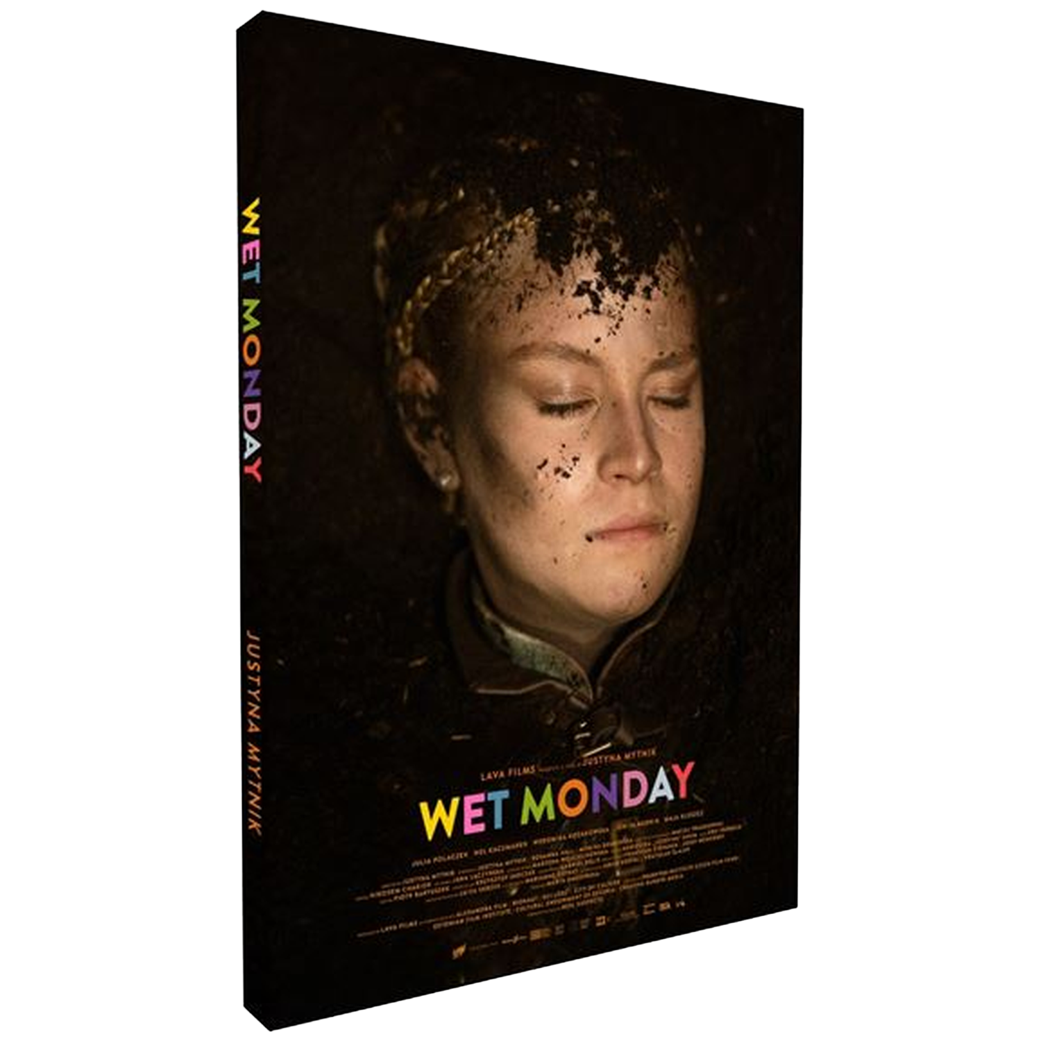 Filmposter voor 'Wet Monday'. Een vrouw met vuil op haar gezicht staat centraal. De titel staat in kleurrijke letters. Justyna Mytnik staat aan de zijkant.
