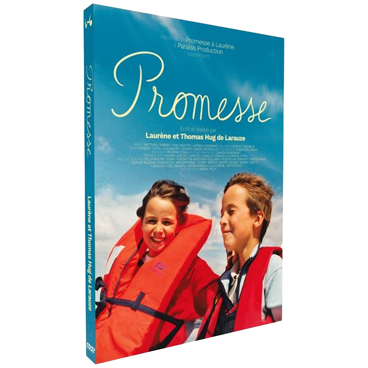 Couverture DVD de 'Promesse'. Deux enfants en gilets de sauvetage sourient. Le titre est écrit en italique. La couverture est bleue.