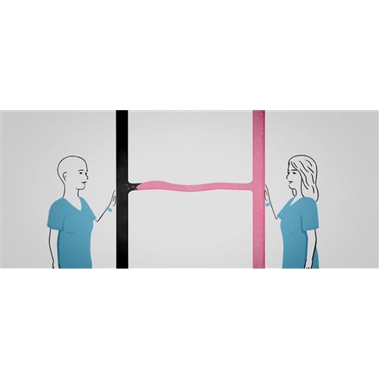 Deux femmes, une chauve et une avec des cheveux, se tiennent à côté de barres noires et roses reliées par une ligne rose. Les deux portent des chemises bleues.