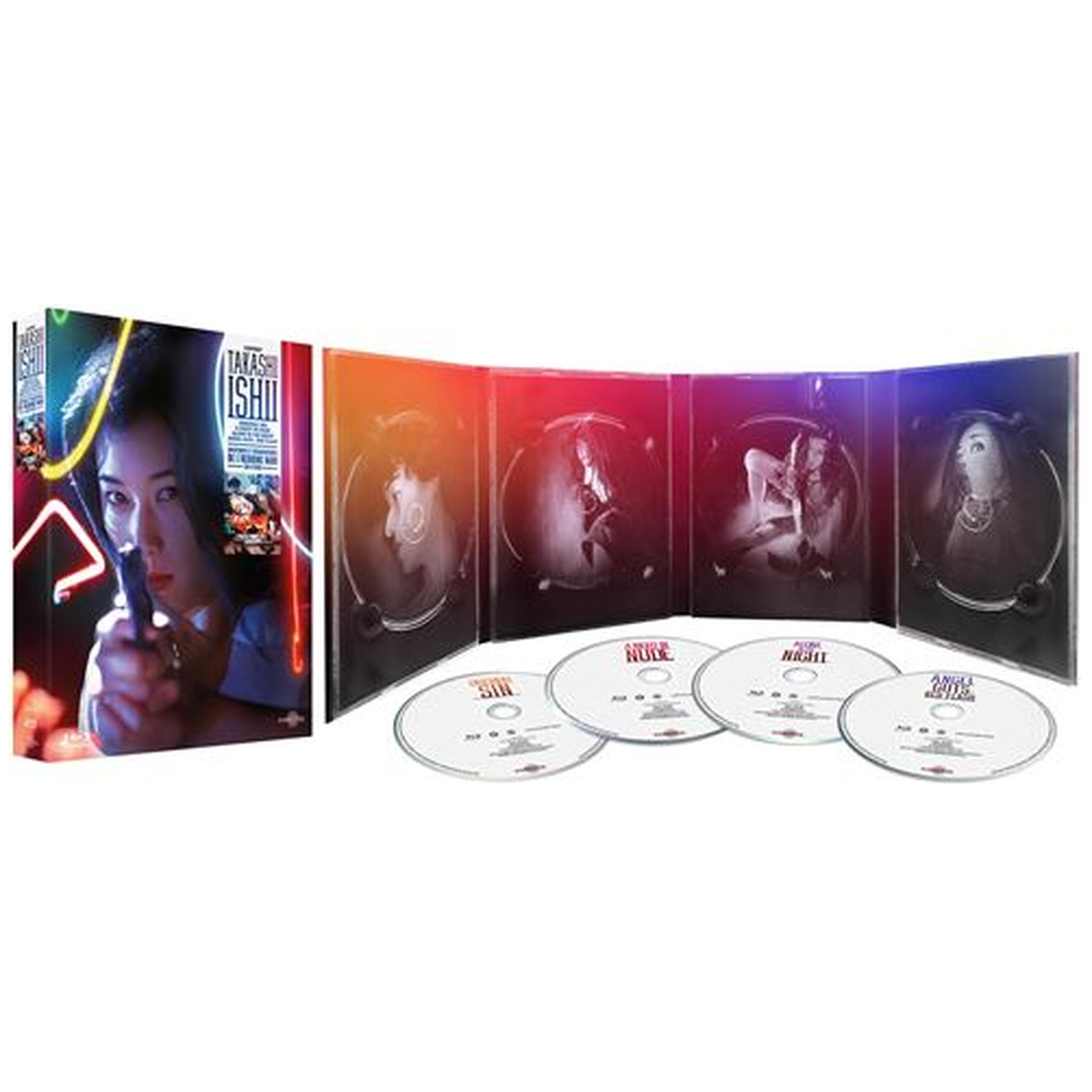 Coffret DVD avec une femme tenant une arme à feu sur la couverture. À l'intérieur, des images de femmes et quatre disques.