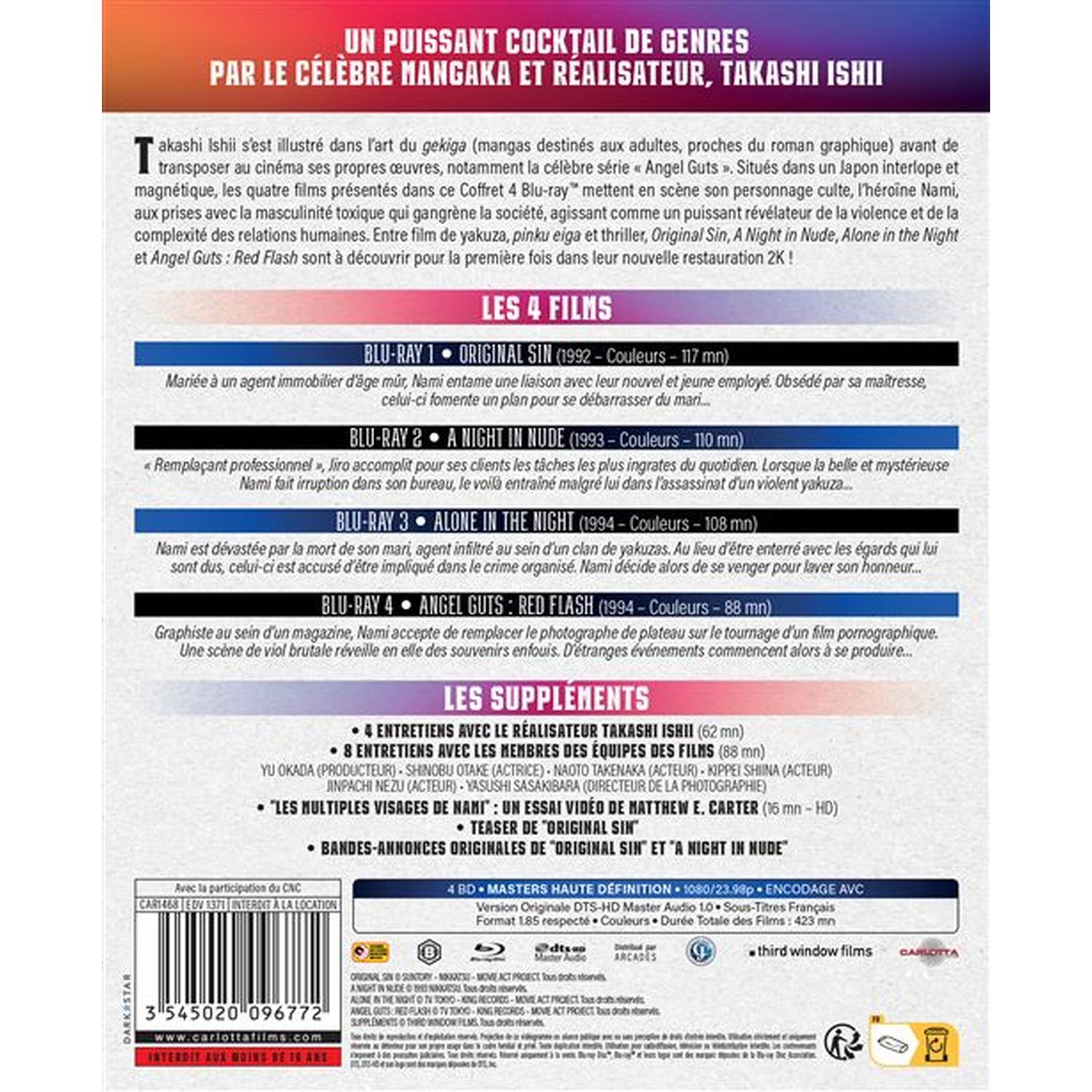 Coffret Blu-ray avec titres et détails des films. Comprend texte, images et logos. La couverture est rouge et noire.