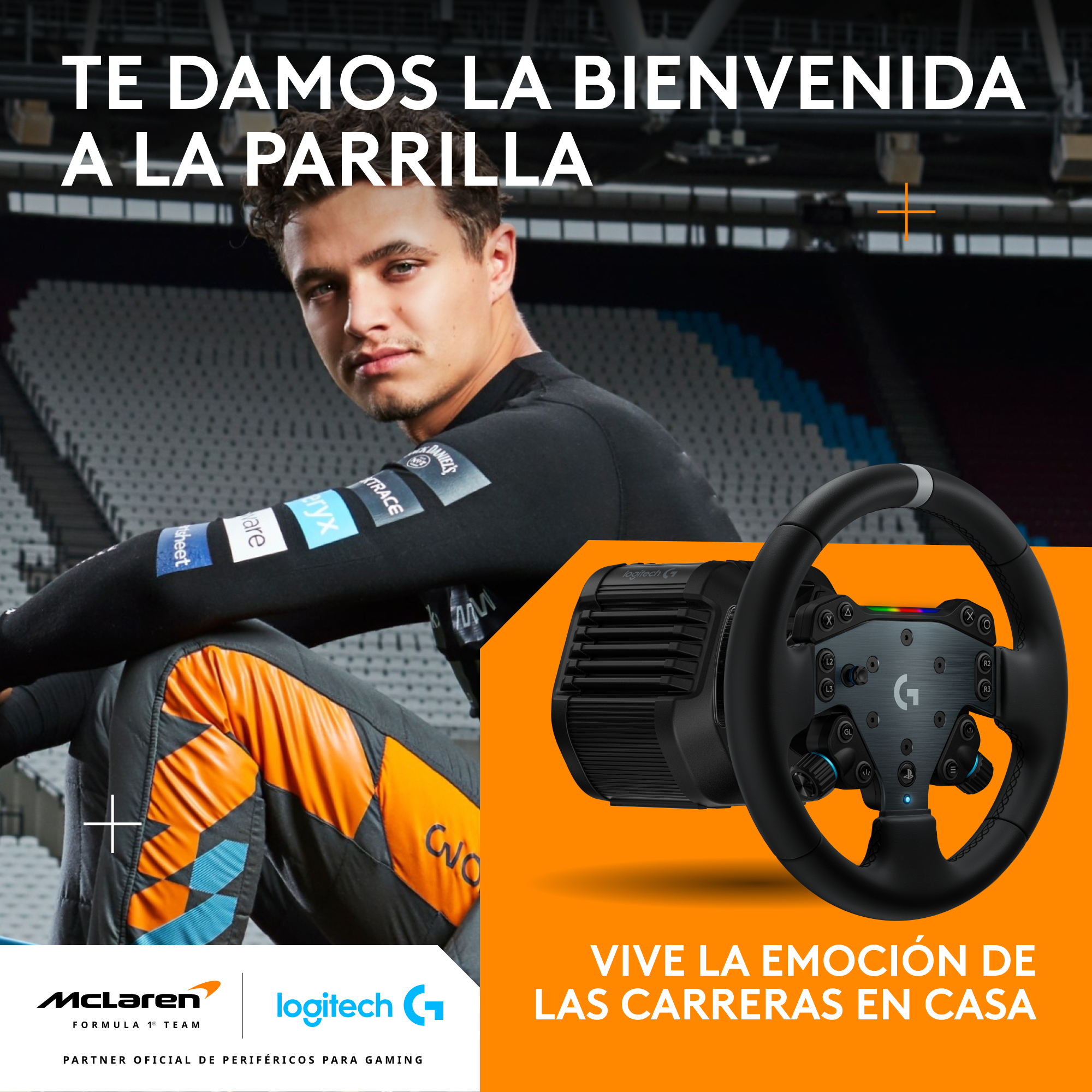 La imagen muestra a un hombre y un volante. El texto dice 'Bienvenido a la parrilla' y 'Vive la emoción de las carreras en casa'.