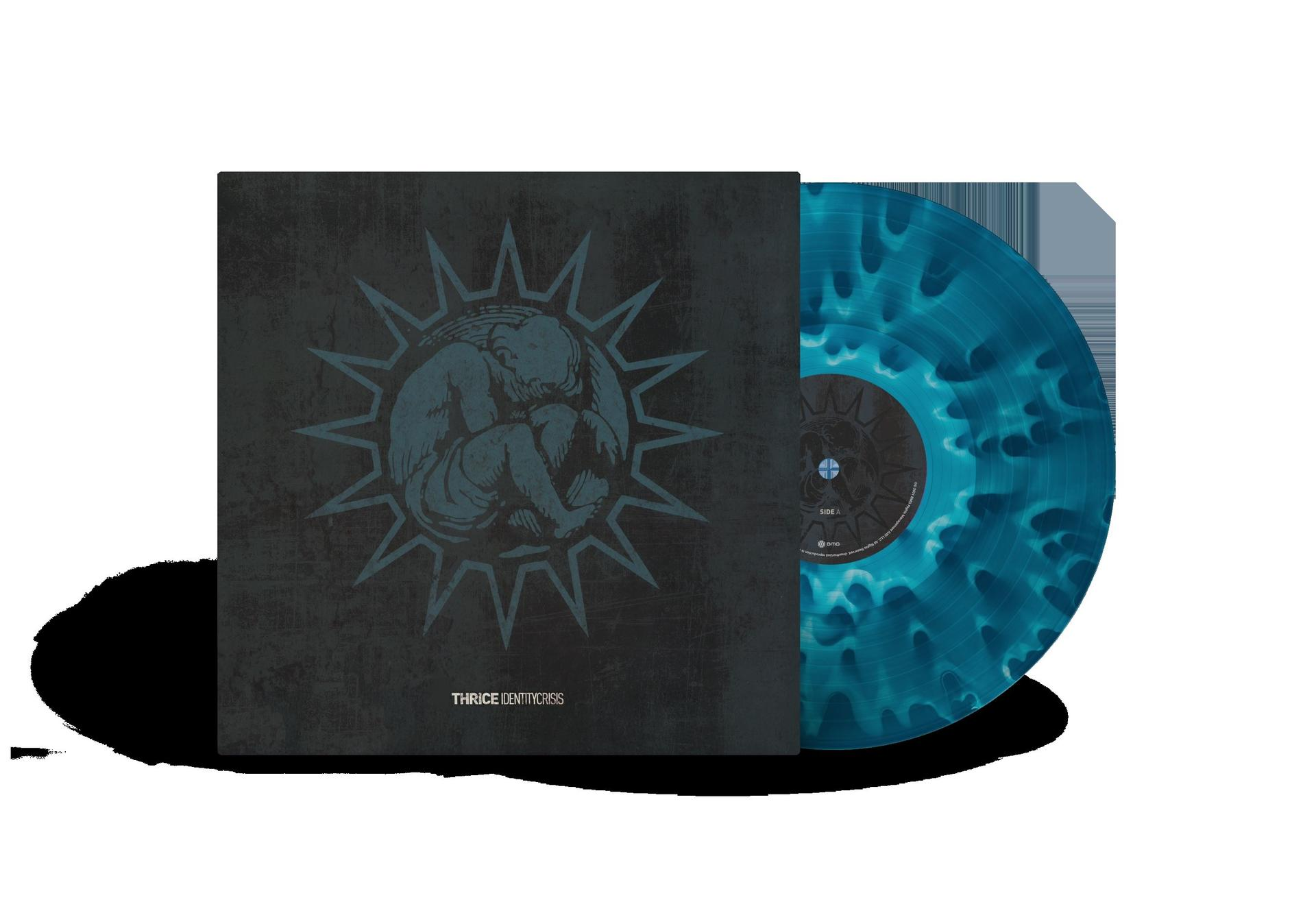 Albumcover und Schallplatte. Cover ist dunkelgrau mit blauer Illustration. Vinyl ist blau mit schwarzen Wirbeln.
