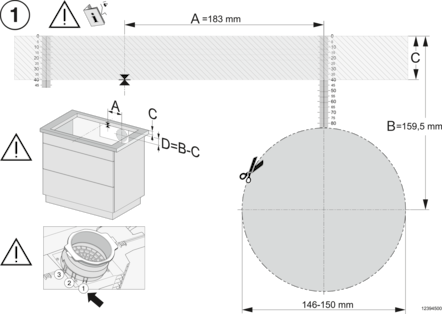 Diagramm mit Rechteck, Kreis und Schrank. Abmessungen mit Pfeilen und Zahlen angegeben. Warnsymbole vorhanden.