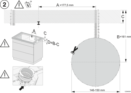 Diagramm mit Spüle, Kreisform und Maßangaben. Warnsymbole vorhanden. Abmessungen und Beschriftungen sind enthalten.