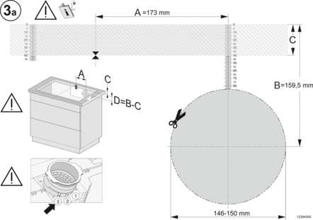 Diagramm mit verschiedenen Formen, darunter ein Rechteck mit Maßen, ein Quadrat und ein Kreis. Warnsymbole sind vorhanden.