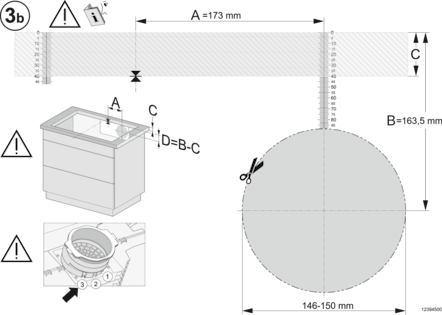 Diagramm mit Rechteck und Kreis, sowie Schrank und anderem Teil, mit Zahlen und Warnhinweisen.