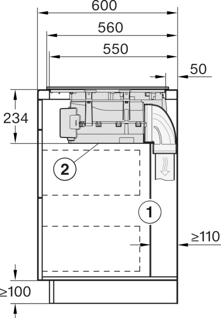 Diagramm mit Abmessungen und einem Lüftungssystem. Enthält Maße in mm: 600, 580, 550, 234, 50, 100 und 110.