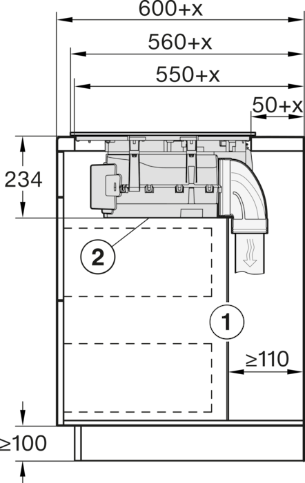 Diagramm mit Abmessungen eines mechanischen Teils, einschließlich Millimeterangaben und beschrifteten Komponenten.