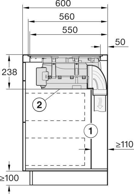 Diagramm eines Geräts mit Abmessungen und Beschriftungen. Enthält einen rechteckigen Kasten, ein gebogenes Rohr und Zahlen.