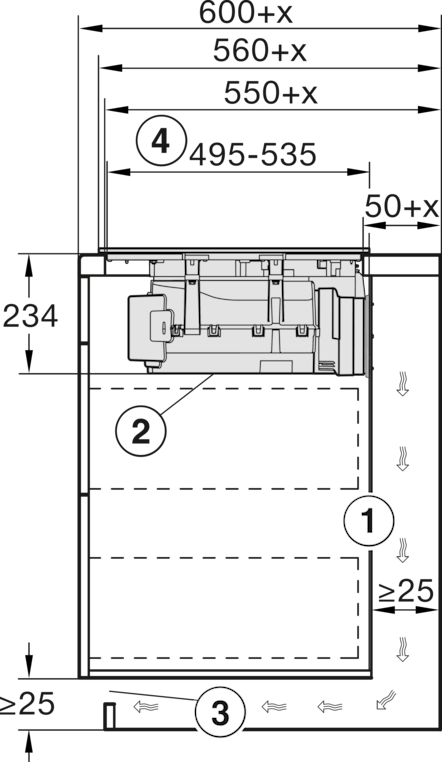 Diagramm mit Abmessungen und Beschriftungen. Es zeigt Messungen für ein Einbaugerät, einschließlich Höhe, Breite und Tiefe.