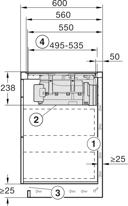 Diagramm mit Abmessungen und Komponenten eines Geräts, einschließlich Zahlen, Pfeilen und Maßen in Millimetern.
