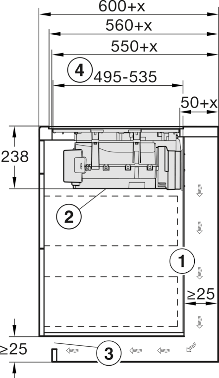Diagramm mit Abmessungen und Beschriftungen. Es zeigt ein rechteckiges Objekt mit Messungen, einschließlich 600+x, 560+x und 495-535.