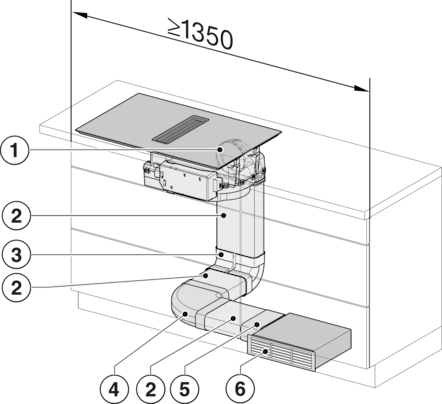 Diagramm eines Küchenlüftungssystems, das die Haube, die Kanäle und die externe Einheit zeigt. Enthält Bemaßungsinformationen.
