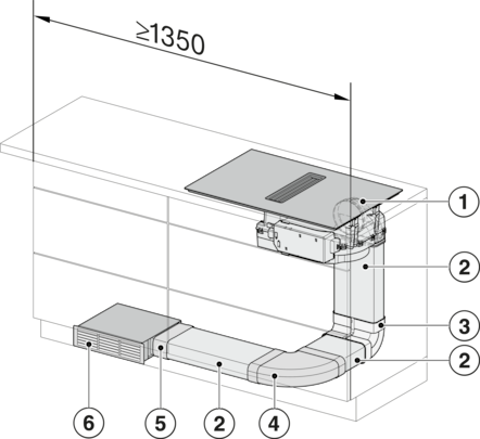 Diagramm eines Küchenabzugssystems. Zeigt Haube, Kanal und Lüftungskomponenten mit beschrifteten Teilen und Abmessungen.
