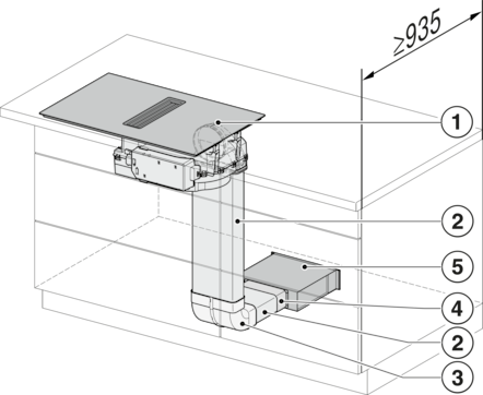 Diagramm eines Küchenlüftungssystems, das Dunstabzugshaube, Kanäle und Anschlüsse in einem Schrank zeigt. Etiketten sind vorhanden.