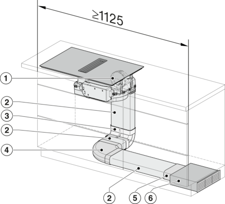 Diagramm eines Küchenabluftsystems. Es zeigt Leitungen, eine rechteckige Entlüftung und Maße. Zahlen zeigen auf verschiedene Teile.