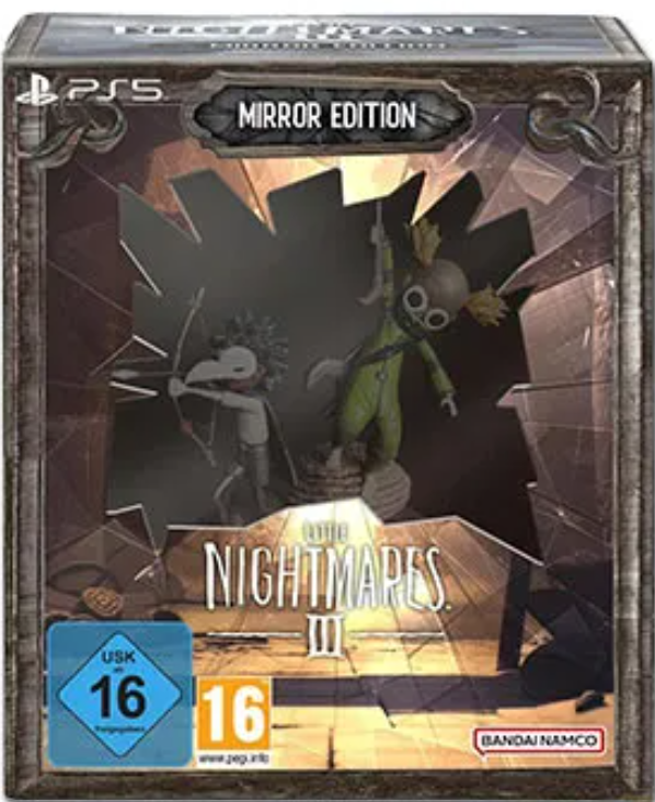 Little Nightmares III-Spielbox. Figuren stehen in einem zerbrochenen Spiegel. Enthält PS5-Logo, Altersfreigabe und Bandai Namco-Logo.