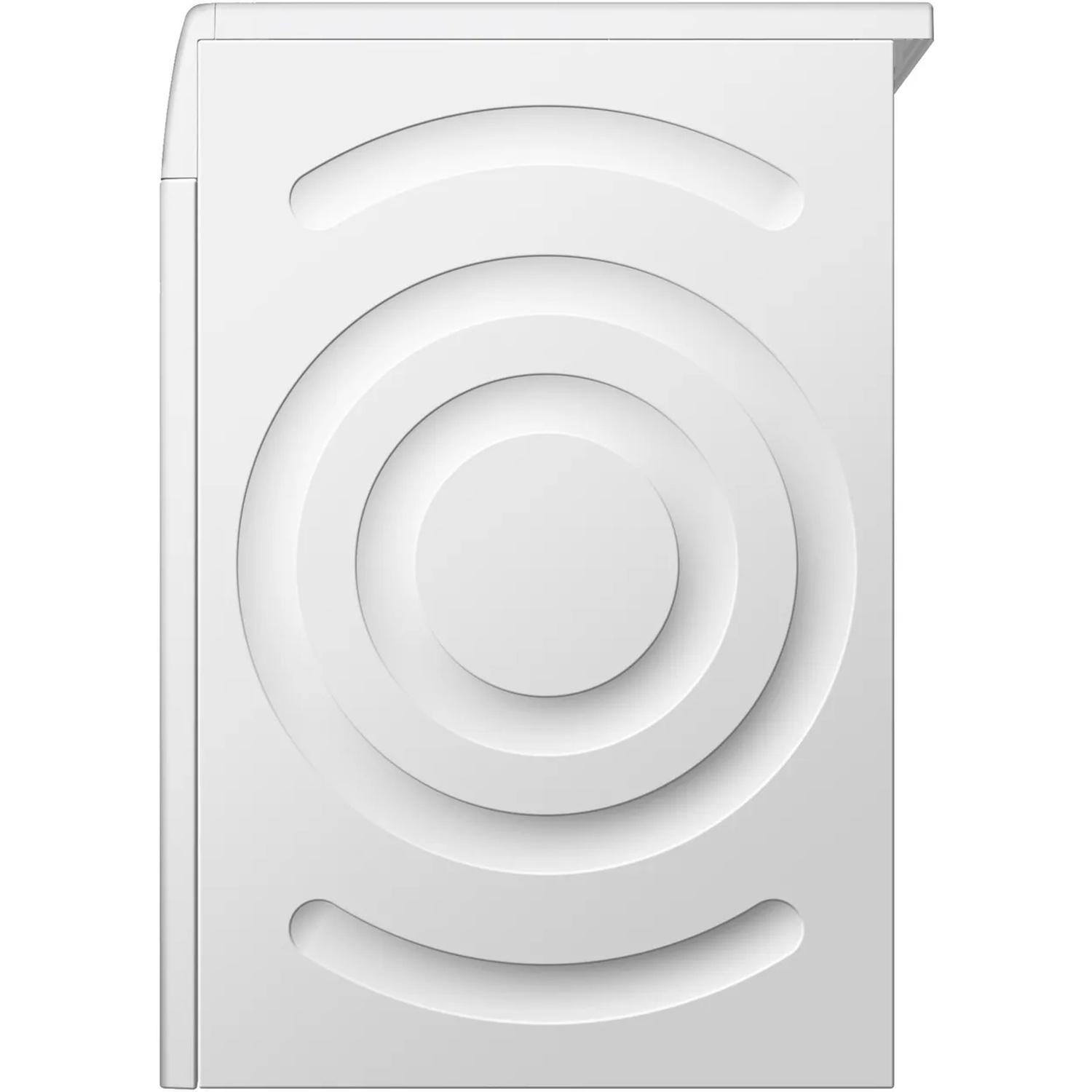 A white washing machine door with a circular design. There are also arched indentations at the top and bottom.