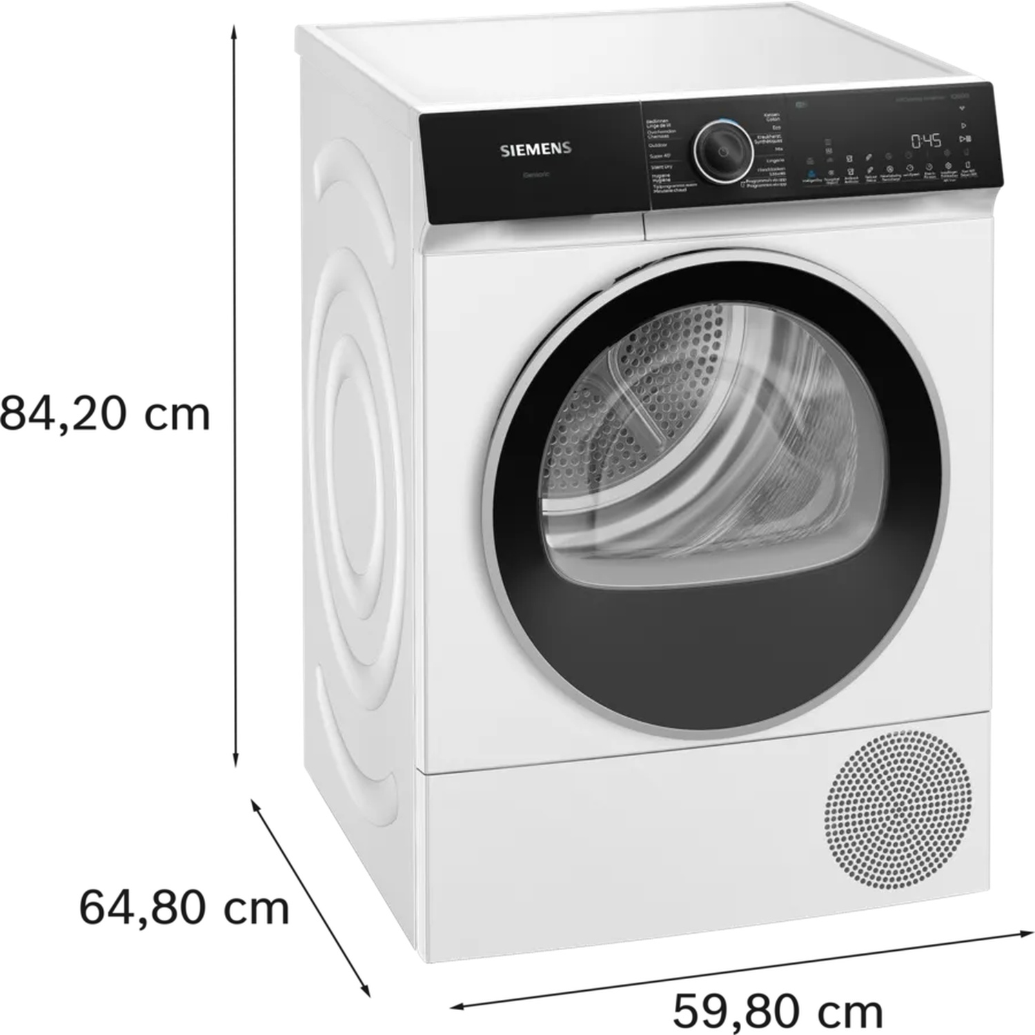 A white Siemens dryer with a black control panel and door frame. Dimensions are displayed: 84.20 cm high, 64.80 cm wide, 59.80 cm deep.