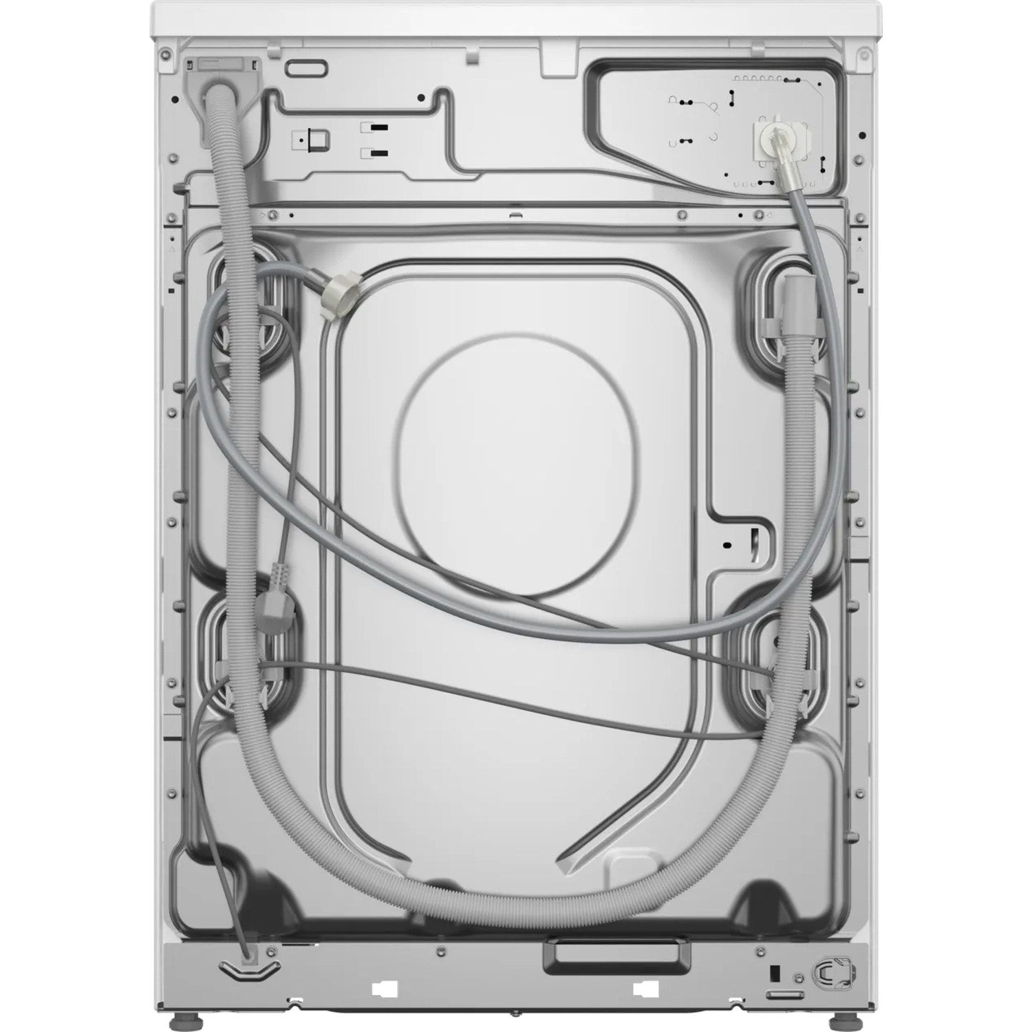 L'arrière d'une machine à laver. Il comporte des tuyaux, des flexibles et un grand panneau métallique. La machine est blanche avec des composants gris.