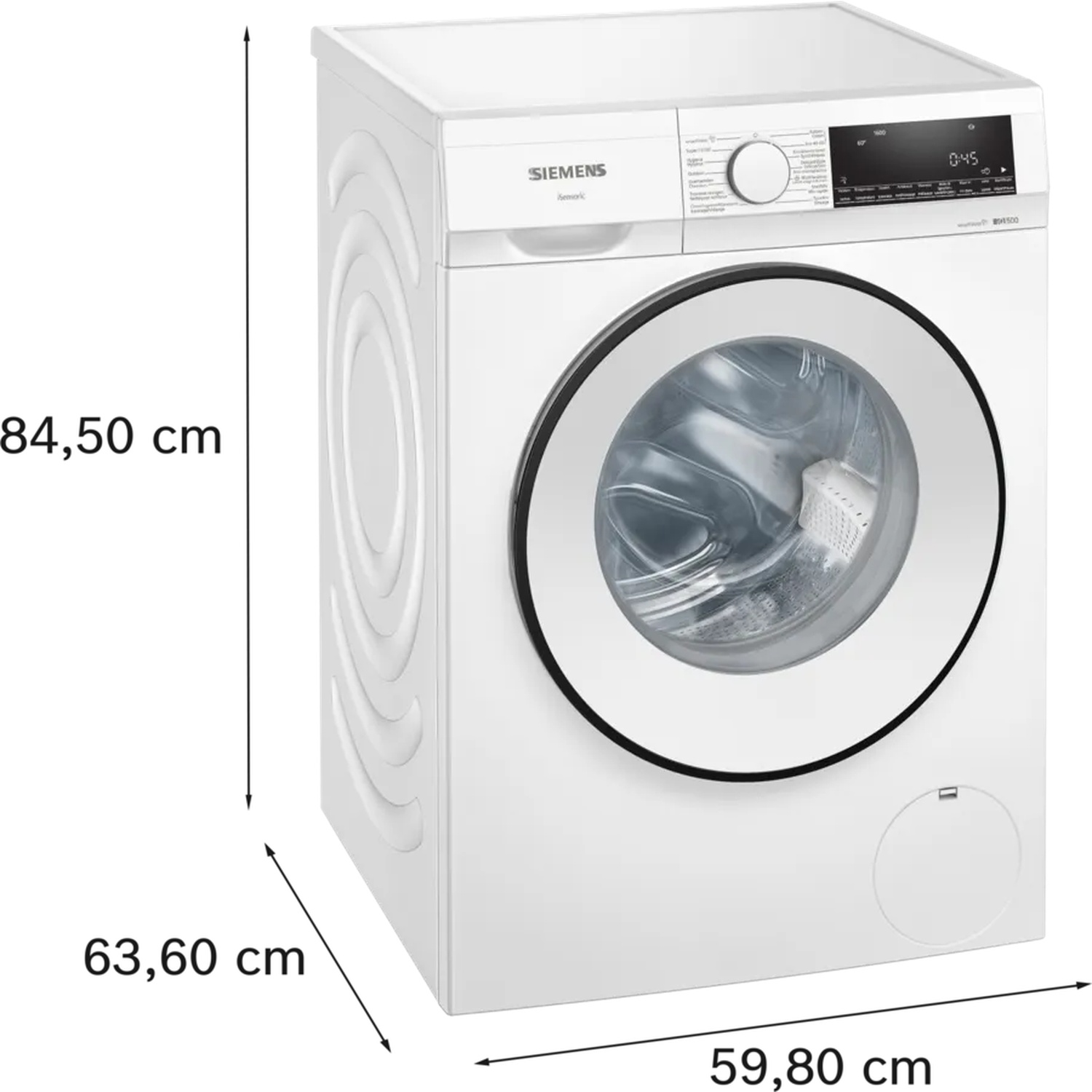 Un lave-linge Siemens blanc avec des dimensions indiquées. La machine a une porte ronde et un panneau de contrôle.