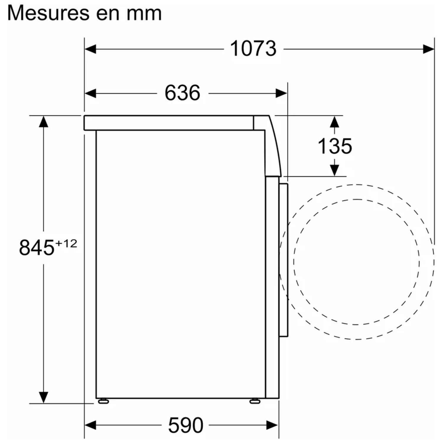 Diagramme de vue latérale d'une machine, dimensions en mm : 1073x845x590. Un cercle en pointillés indique une pièce rotative.