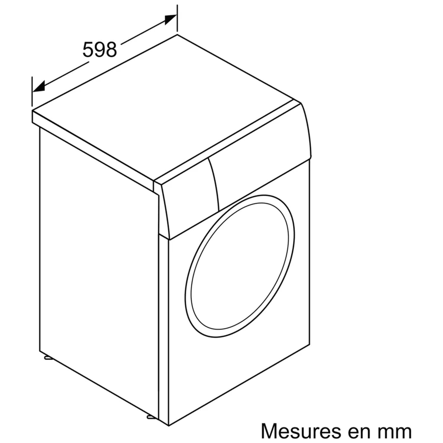 Contour isométrique d'une machine à laver. Le haut mesure 598 mm. Le texte en bas dit 'Mesures en mm'.