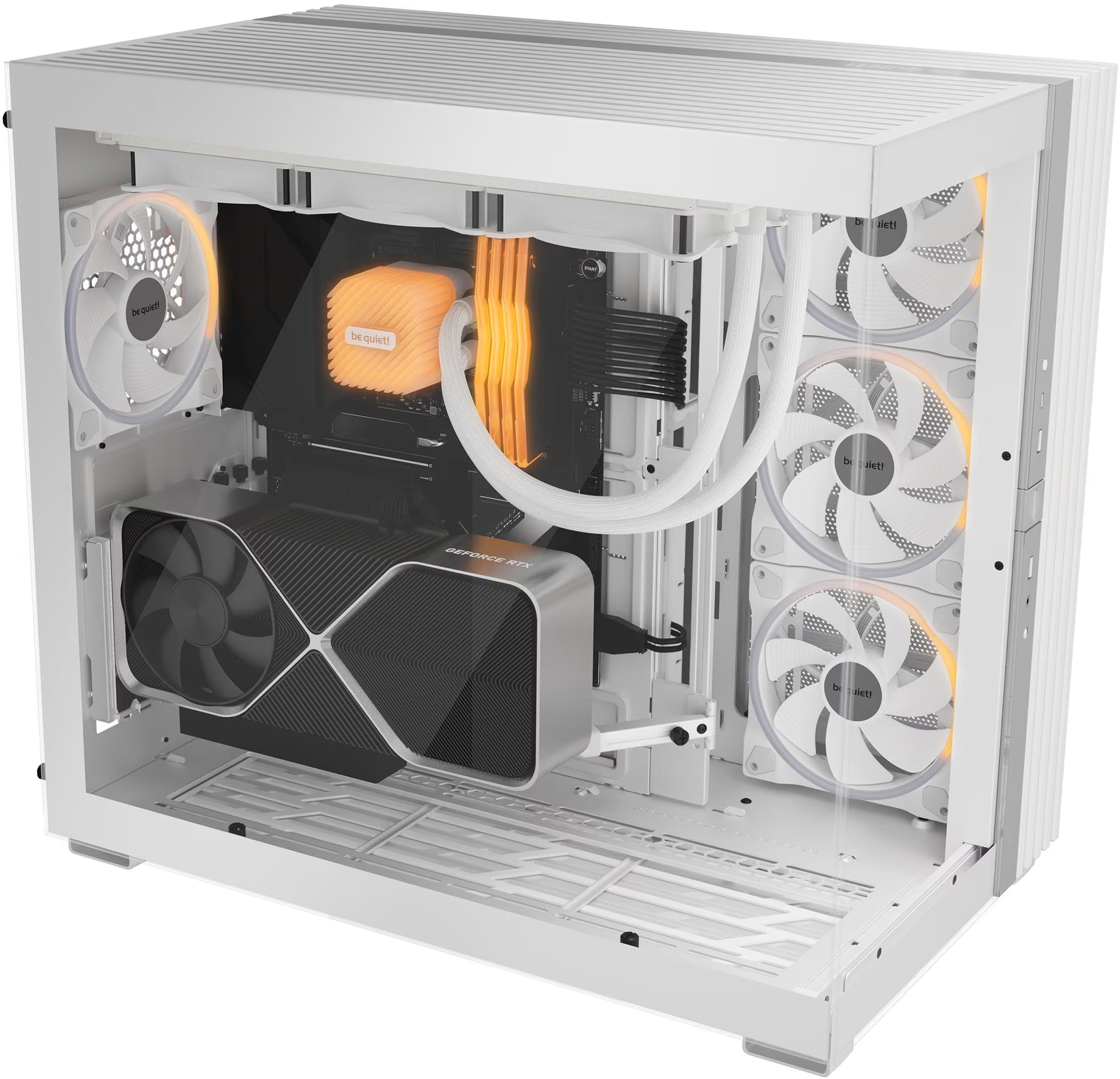 Weißes Computergehäuse mit Lüftern, Grafikkarte und Flüssigkeitskühlung. Orangefarbene Beleuchtung.