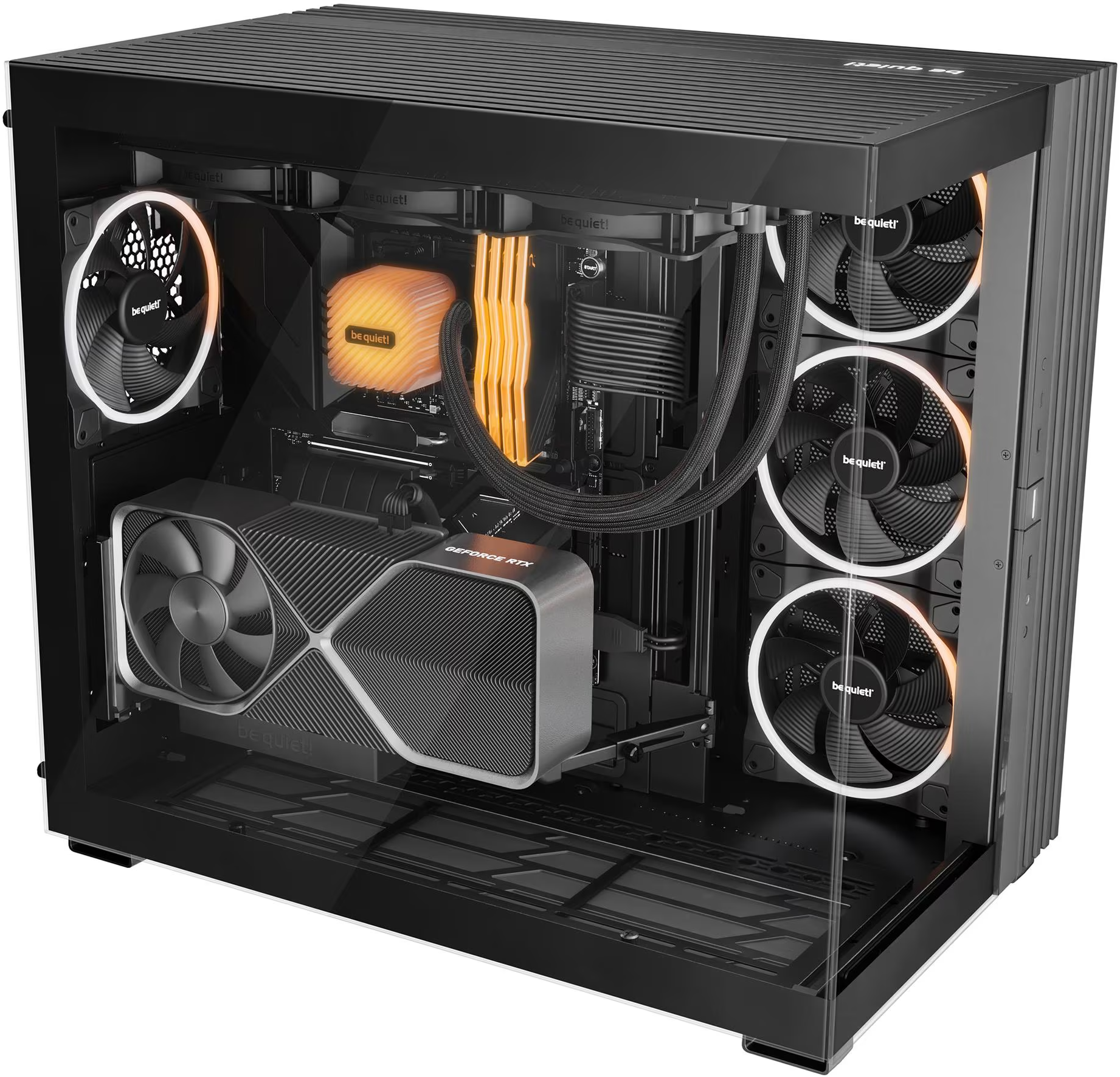 Case nero per computer con componenti visibili: GPU, dissipatore CPU, ventole. Accenti di luce arancione e bianca. Marchio Be Quiet.