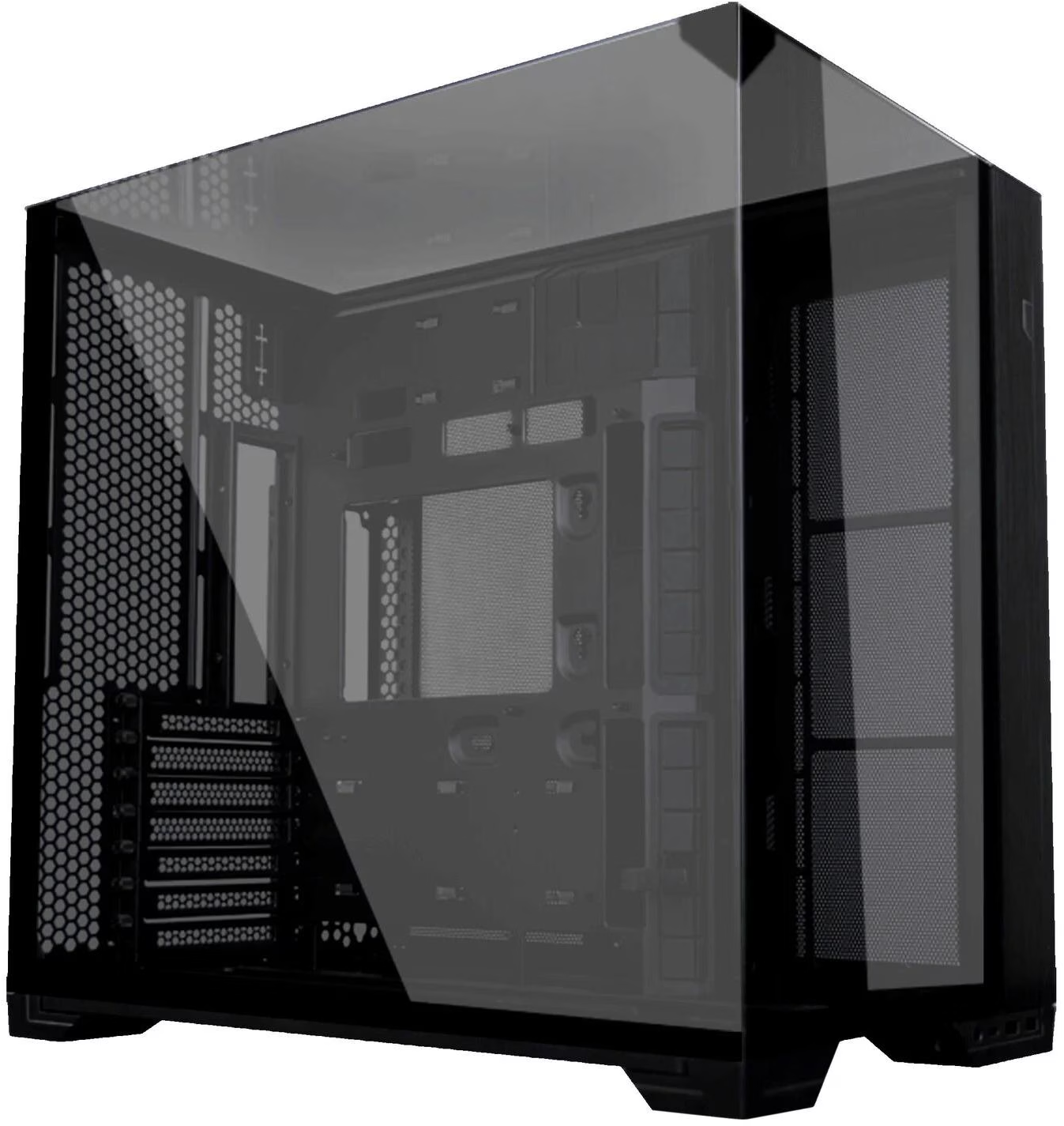 Ein schwarzes Computergehäuse mit einer Glas-Seitenwand. Die inneren Komponenten sind durch das Glas sichtbar. Das Gehäuse steht auf einer schwarzen Oberfläche.