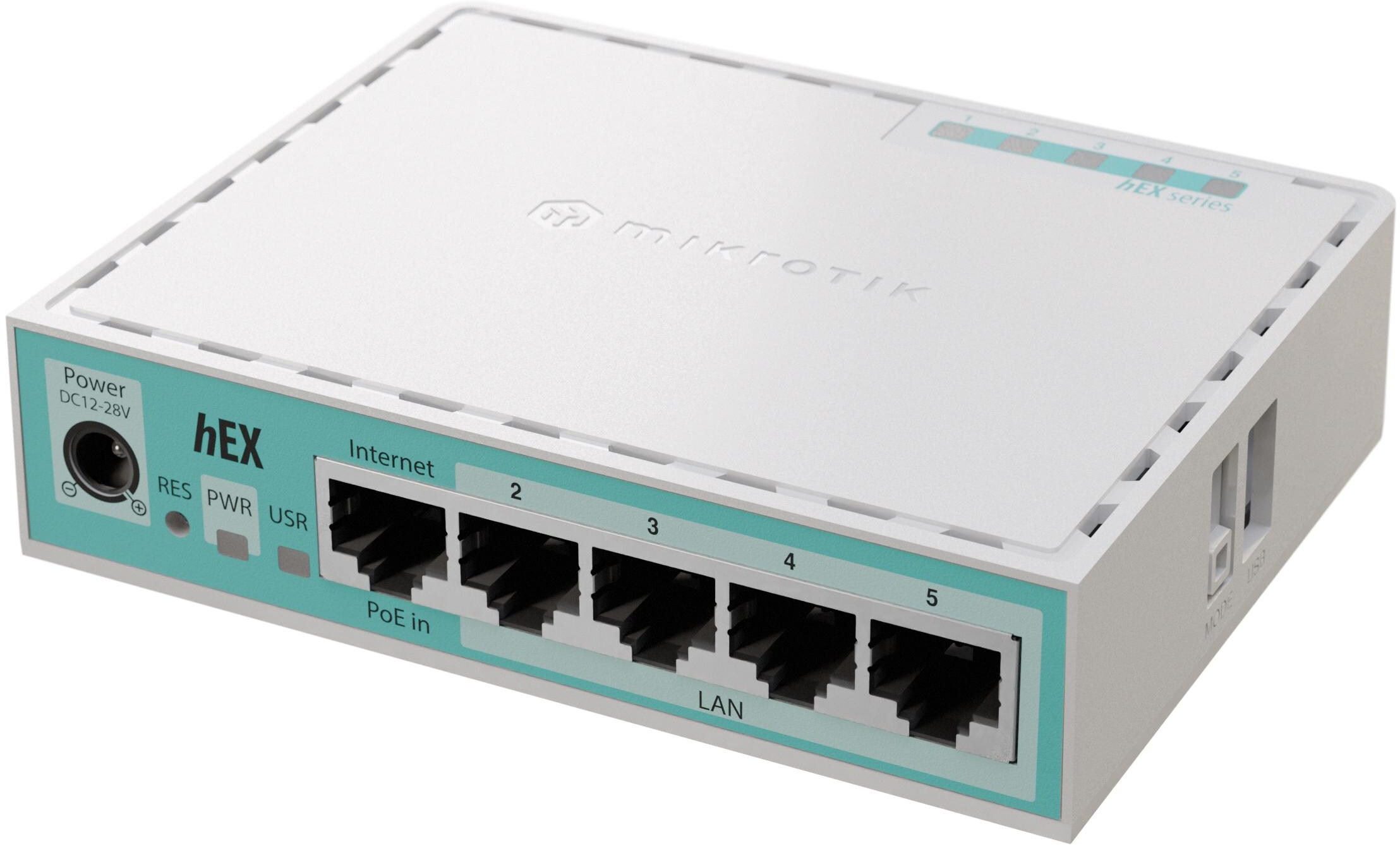 Ein weißer und türkisfarbener Router der Mikrotik hEX-Serie. Er hat Anschlüsse, einen Stromeingang und Kontrollleuchten.