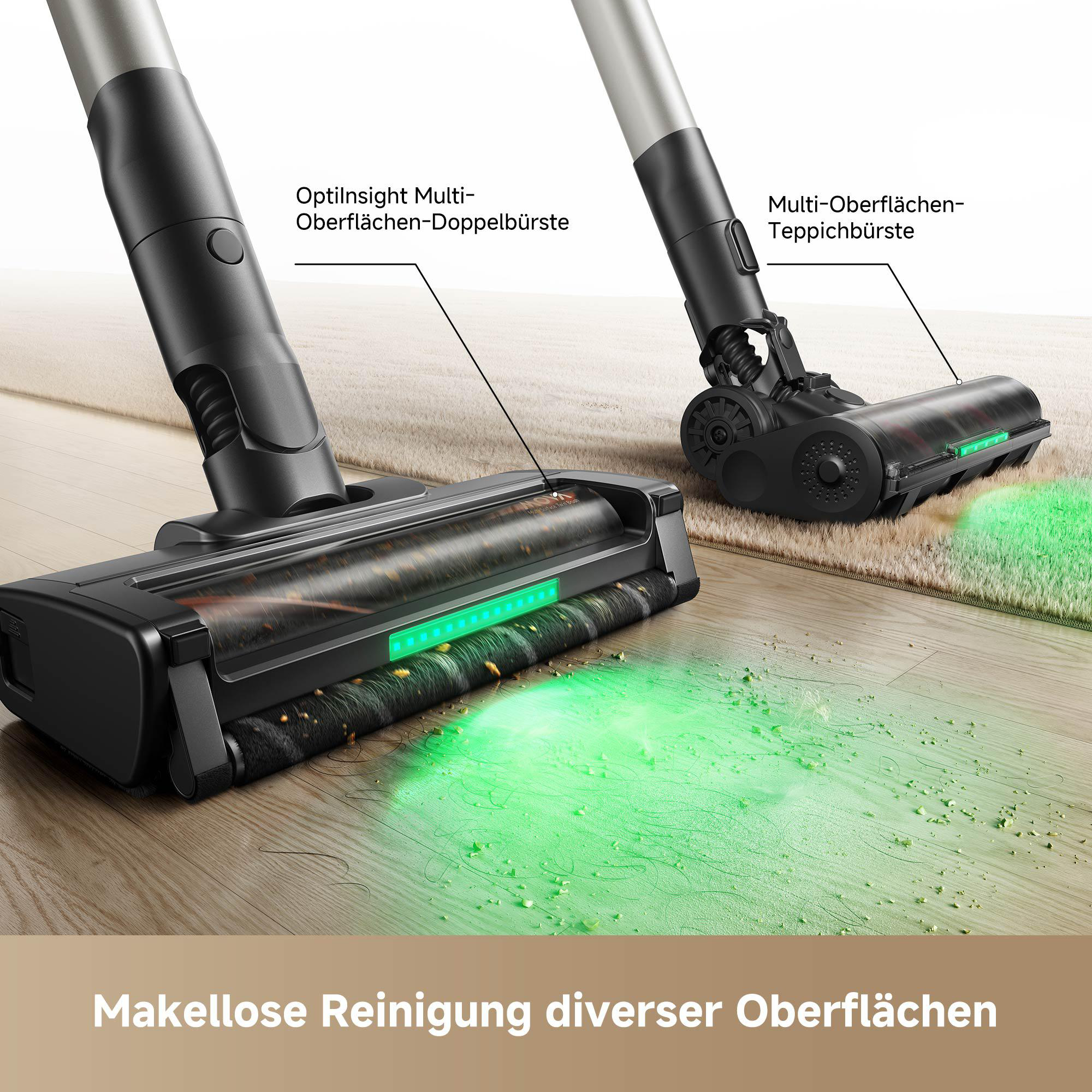 Staubsaugerköpfe auf Holz- und Teppichboden. Textetiketten zeigen Funktionen. Grünes Licht zeigt die Reinigung an.