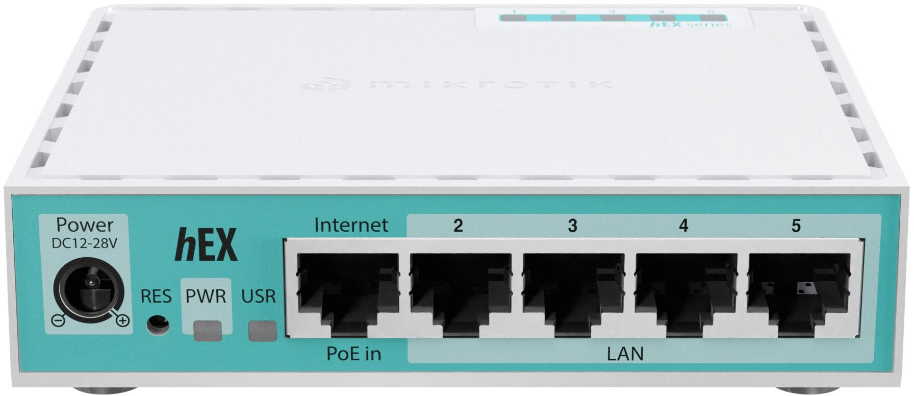 Weißes und türkisfarbenes Netzwerkgerät. Ports beschriftet mit Internet, 2, 3, 4, 5, LAN. Stromanschluss und Statusleuchten.
