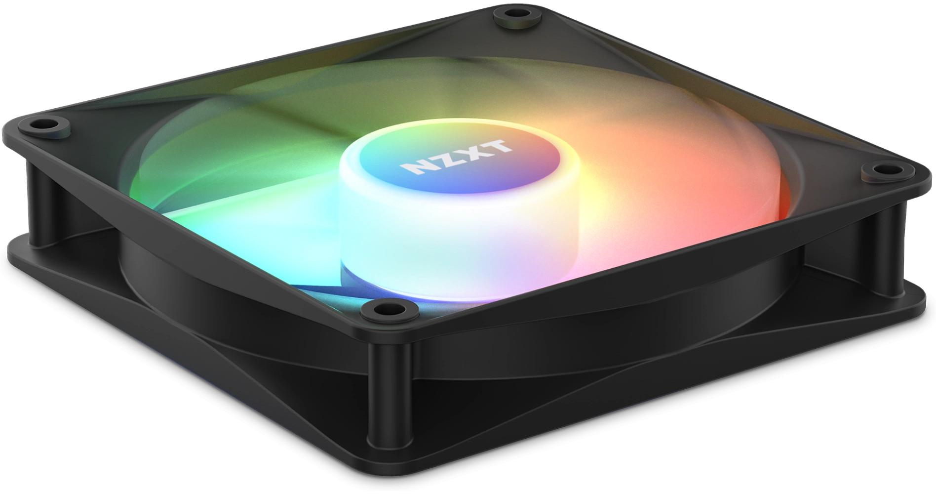 Una ventola per computer nera con luci colorate. Il centro ha il logo NZXT. La ventola è quadrata con quattro fori angolari.