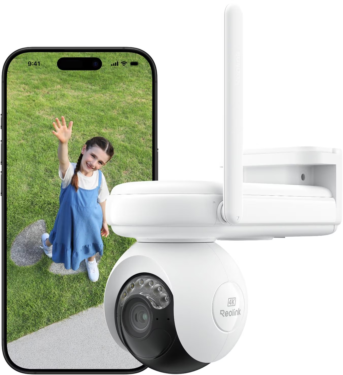 Ein Mädchen winkt von einem Telefonbildschirm. Eine weiße Überwachungskamera mit 4K-Reolink-Etikett neben dem Telefon.