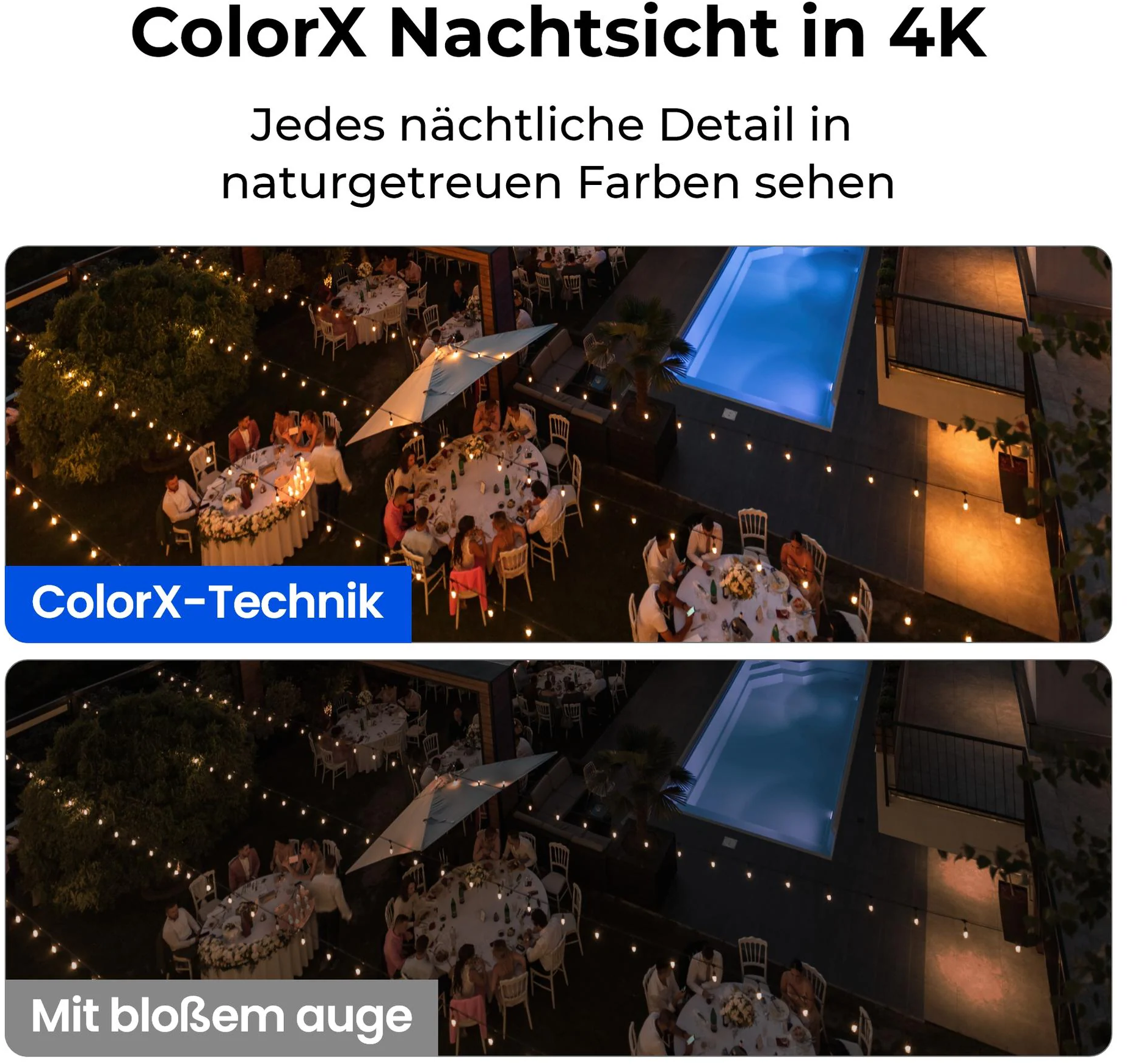 Nachtszenen mit Tischen, Menschen, einem Pool und Lichterketten. Text oben und unten. ColorX-Technik in einem blauen Feld.