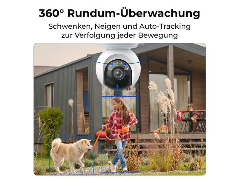 Ein Mädchen geht mit einem Hund an der Leine in der Nähe eines Hauses spazieren. Im Hintergrund ist eine Überwachungskamera zu sehen.