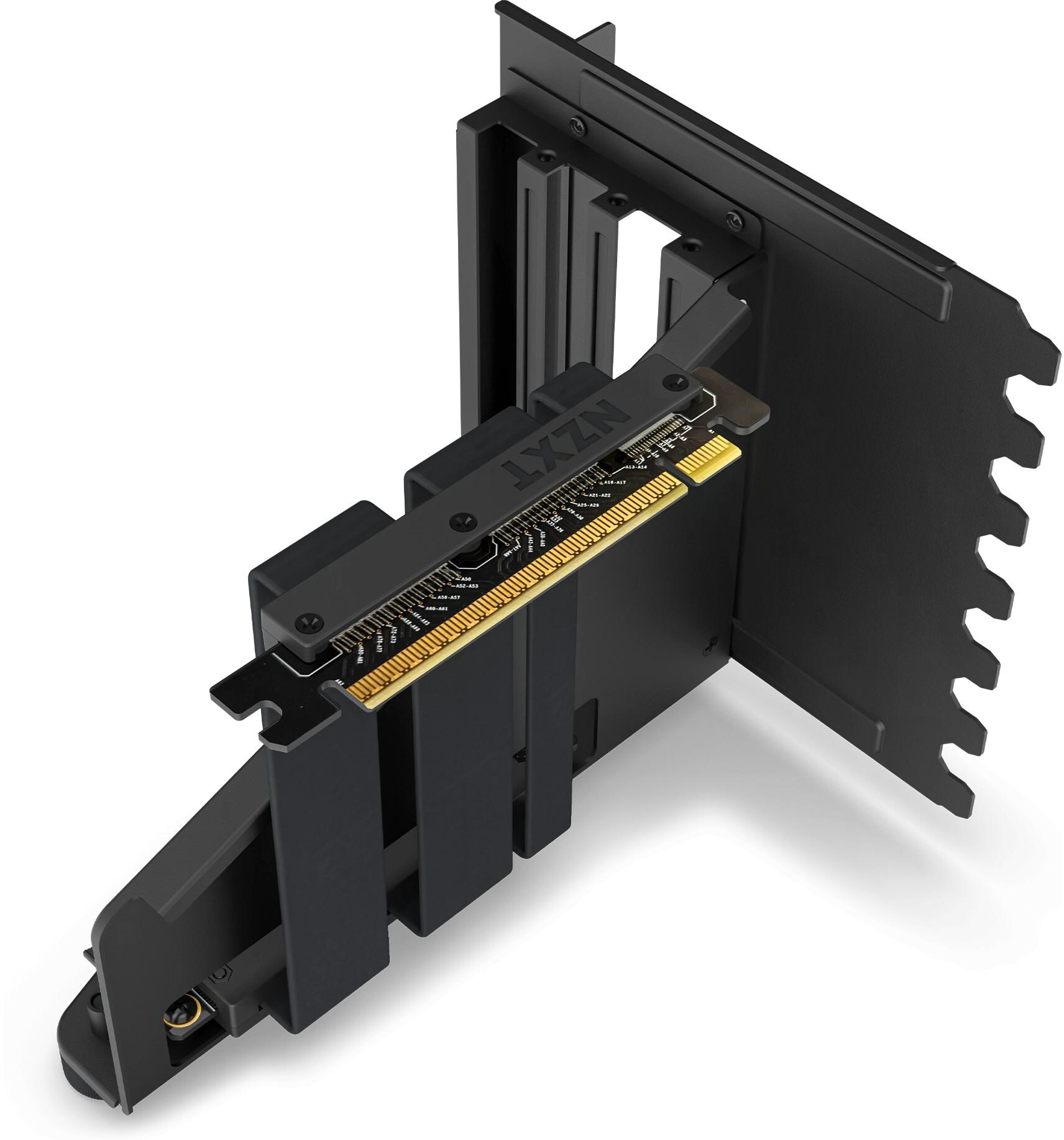 Schwarzes NZXT-PC-Komponente. Es hat eine goldfarbene Leiterplatte und eine schwarze Halterungsstruktur auf weißem Hintergrund.