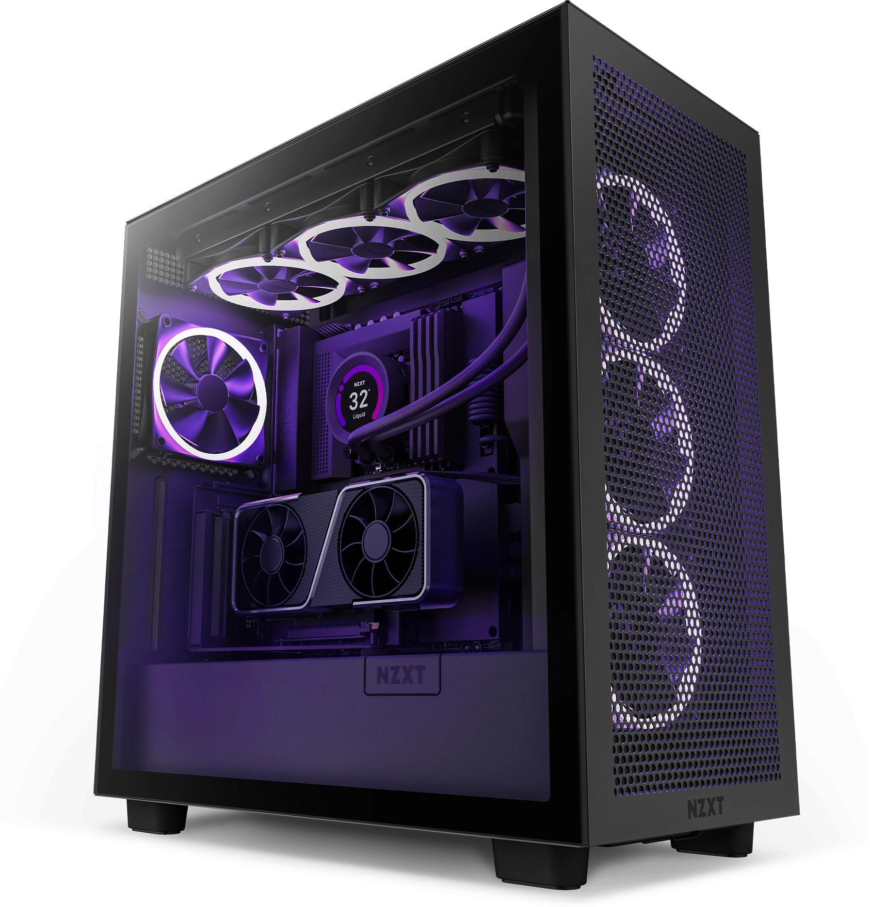 Schwarzes NZXT-PC-Gehäuse mit violetter Beleuchtung, Lüftern und Komponenten. Glas-Seitenwand. Lüfter an Seite und oben.