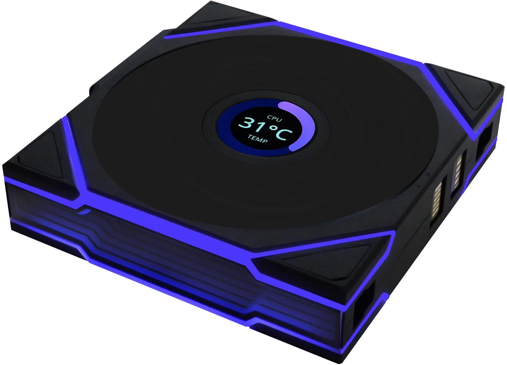 Dispositivo quadrato nero con luci al neon blu. Al centro 31°C. Lettura della temperatura della CPU. Porte laterali.