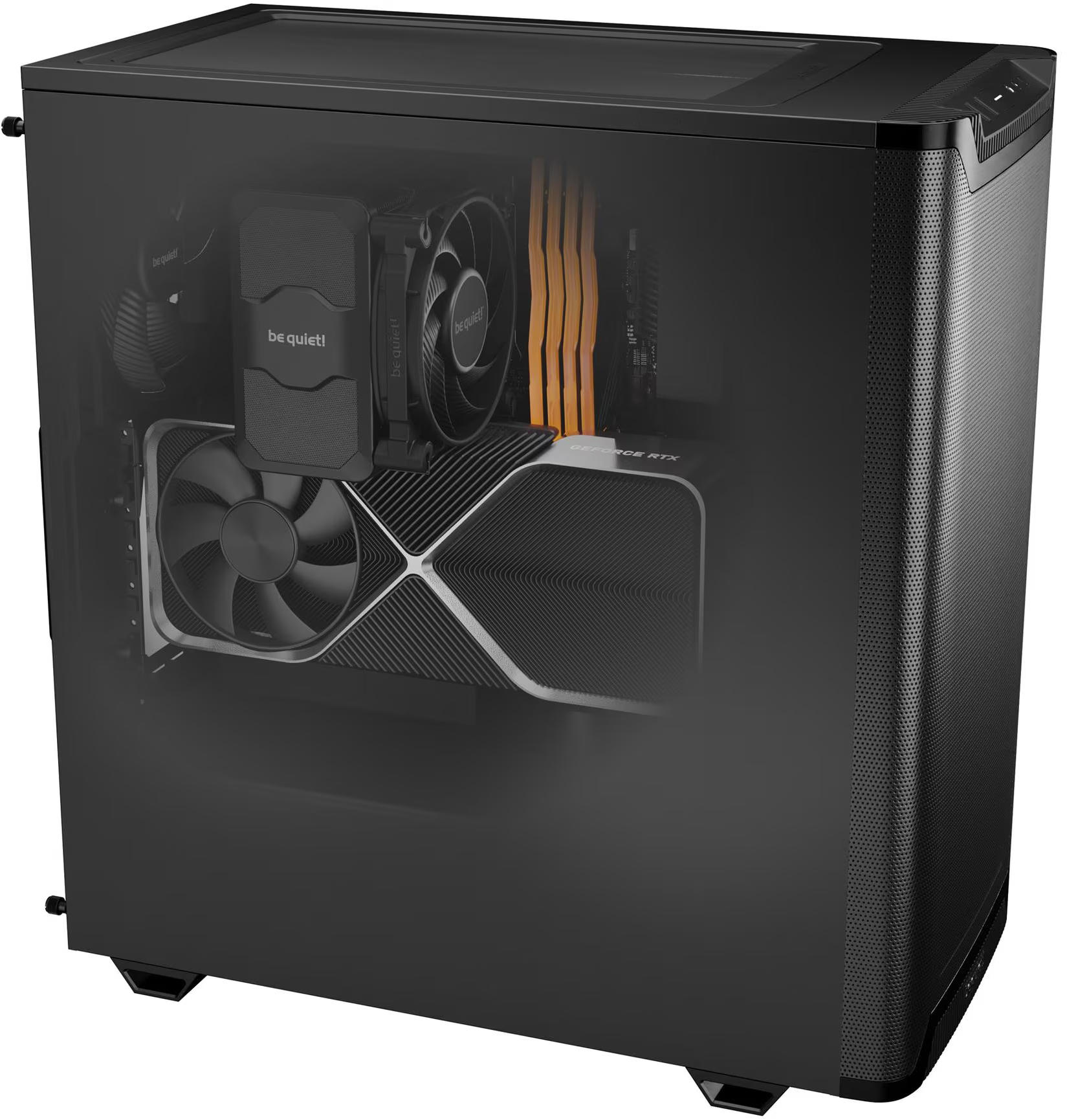Un boîtier d'ordinateur noir avec des composants visibles à travers la vitre. Comprend un GPU, un refroidisseur CPU et des barrettes RAM.