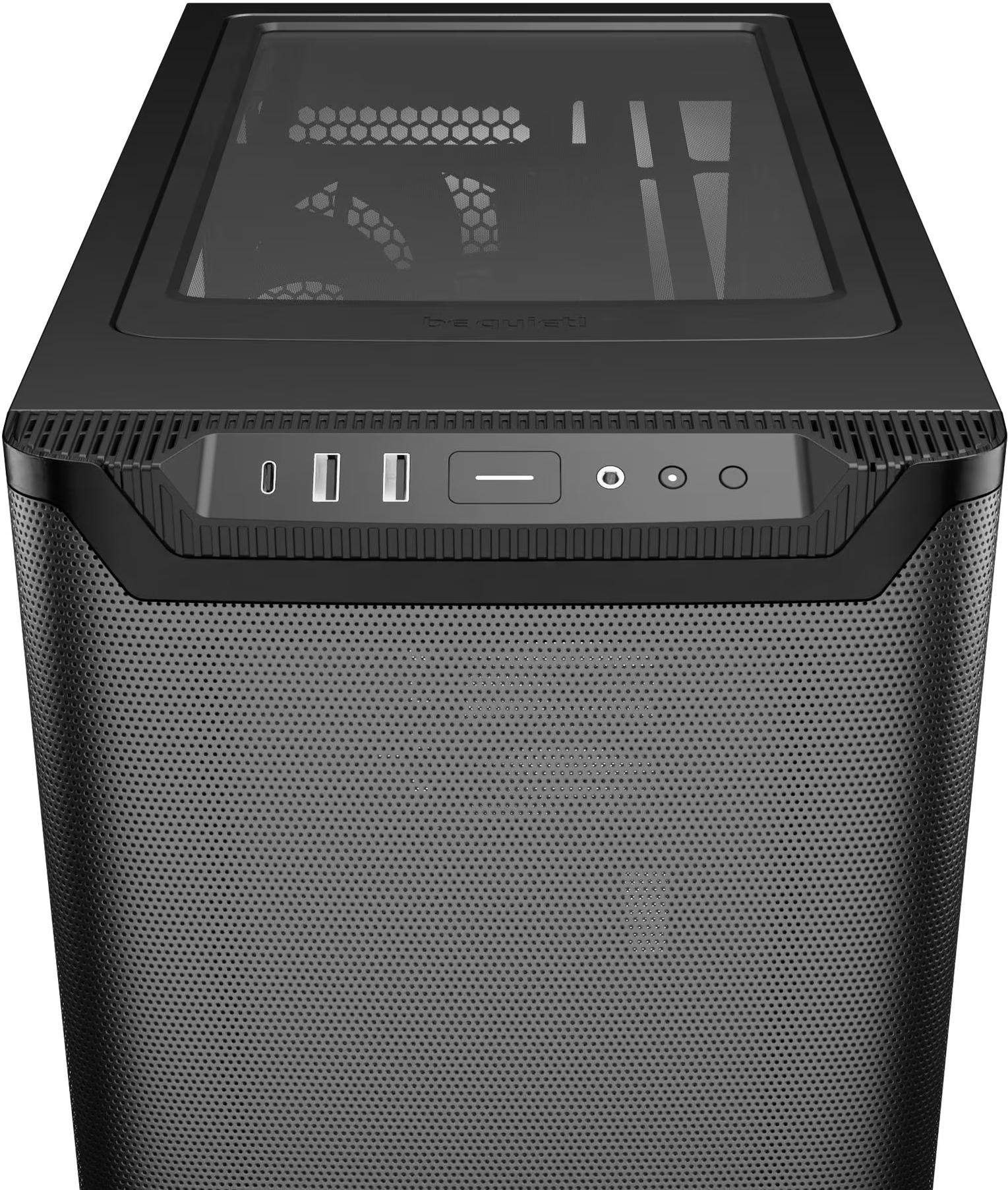 Boîtier d'ordinateur noir avec façade en mesh. Il possède un dessus en verre et un panneau de contrôle avec ports et boutons.