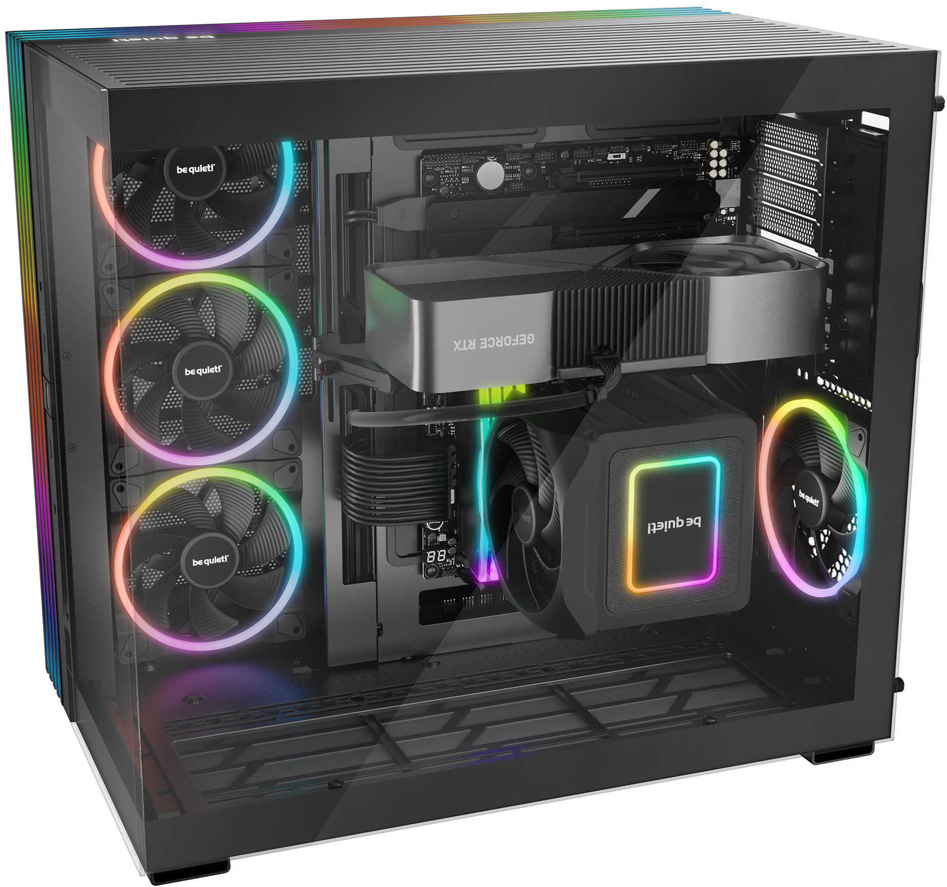 Un boîtier PC avec des composants, dont des ventilateurs, une carte graphique et un refroidisseur de CPU, tous éclairés par des lumières RVB colorées.