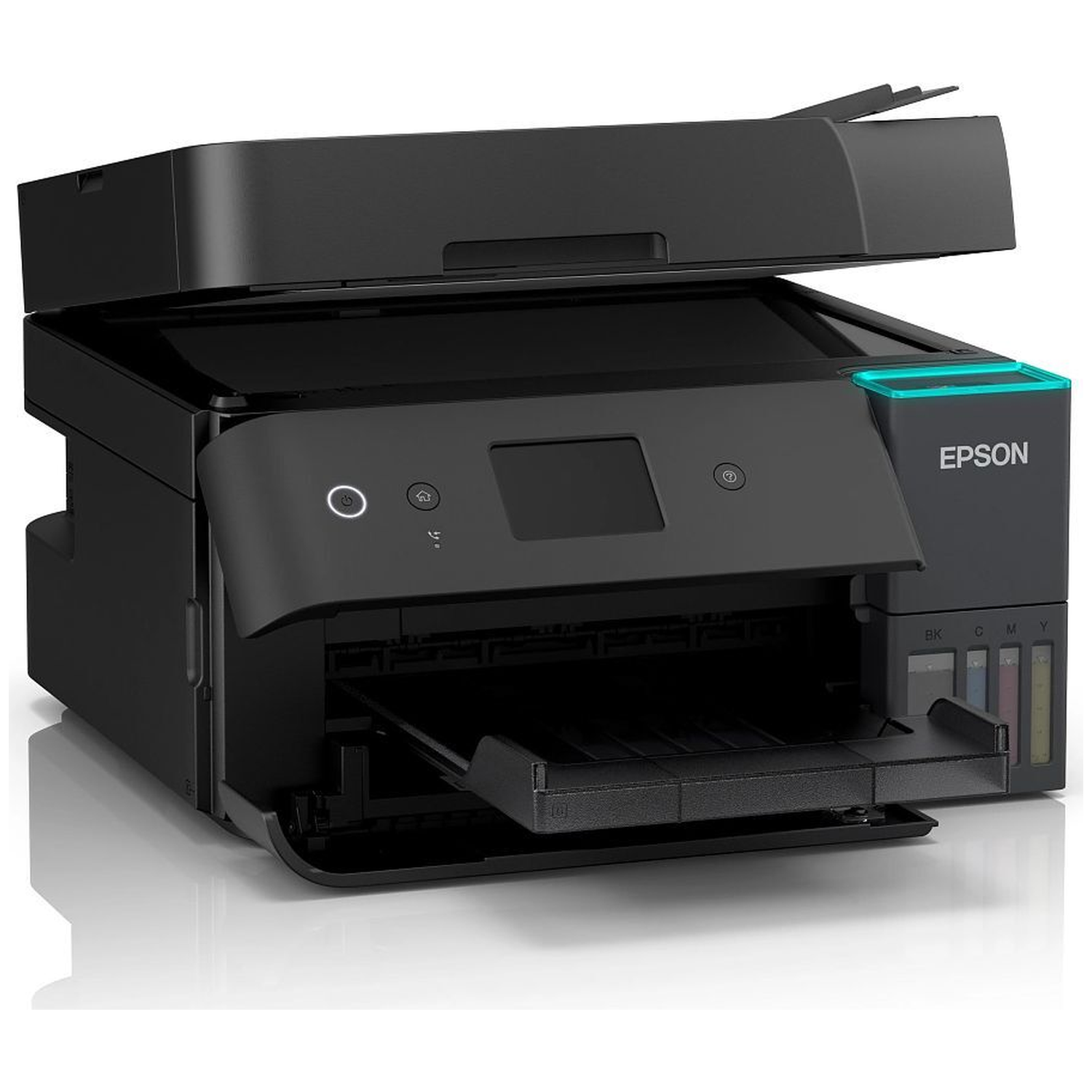 Een zwarte Epson-printer wordt getoond met open lade en bovenkant. Een klein scherm en knoppen zitten aan de voorkant. Inktniveaus zijn rechts zichtbaar.