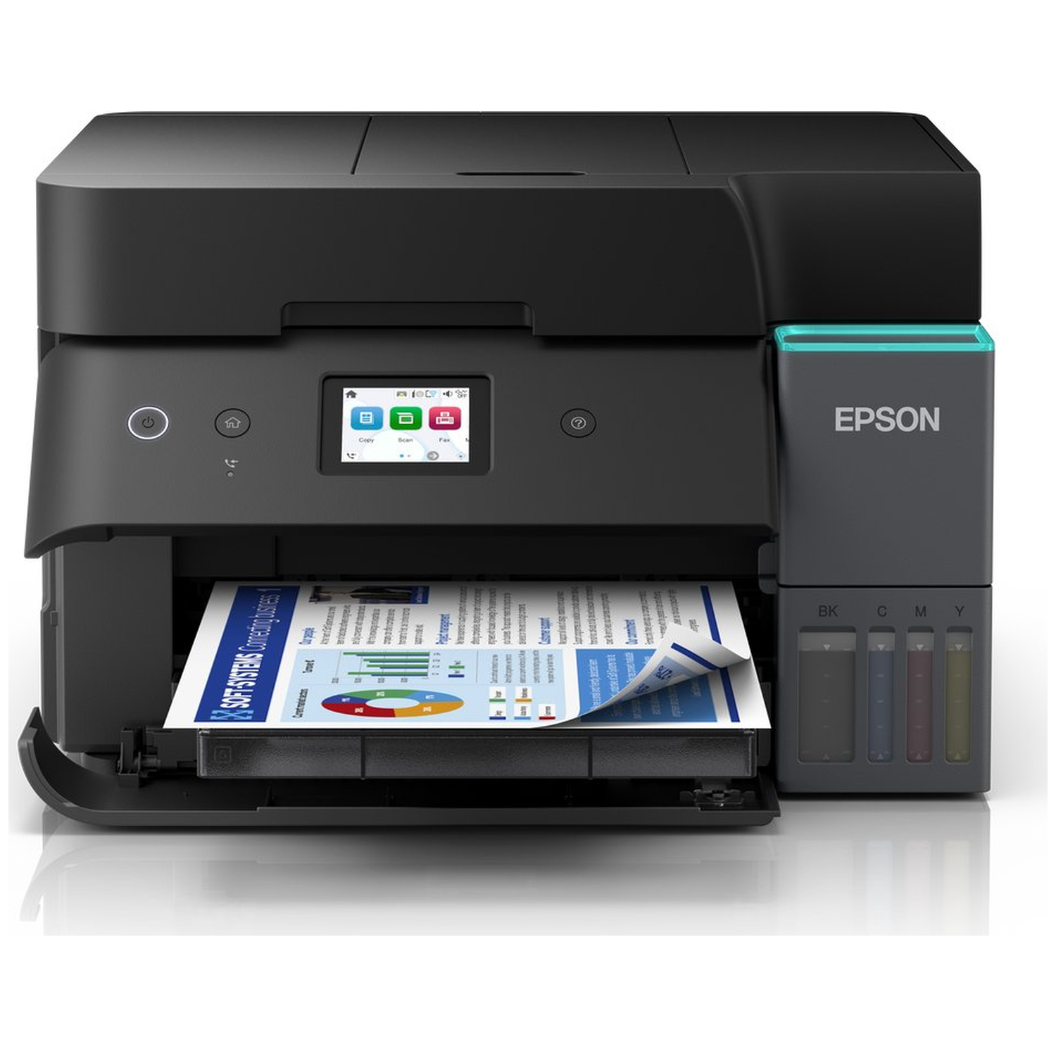 Zwarte Epson printer met een afgedrukt document in de uitvoerlade. Heeft een klein scherm en inktreservoirs.